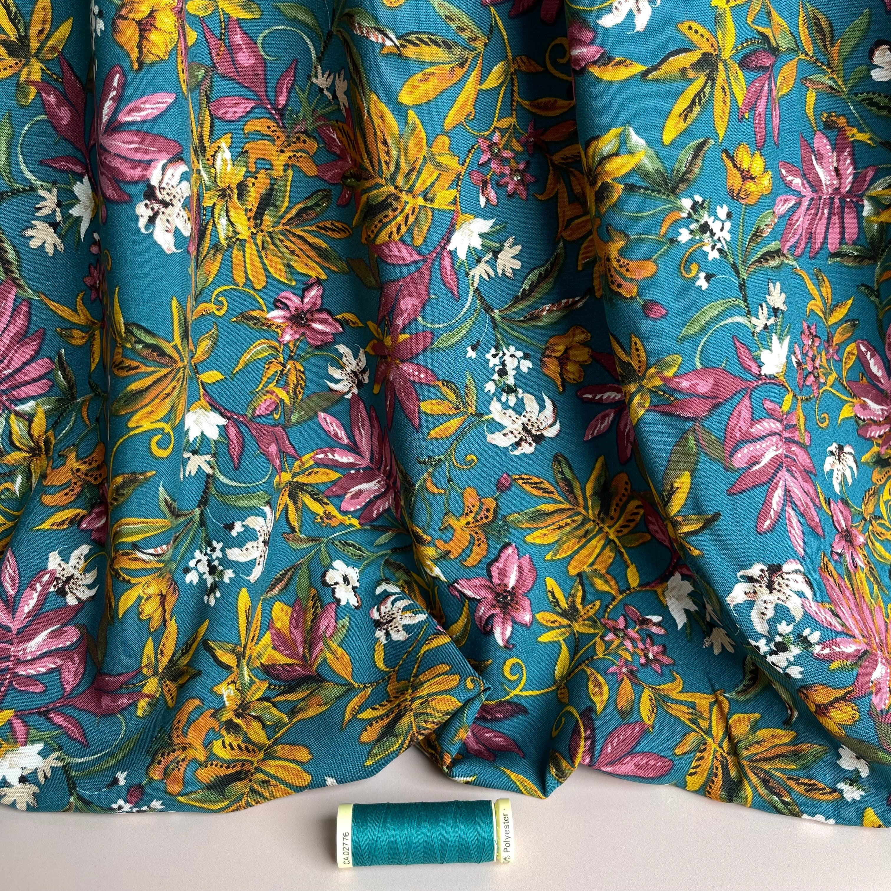 Floral Eve Teal Rayon Viscose Fabric