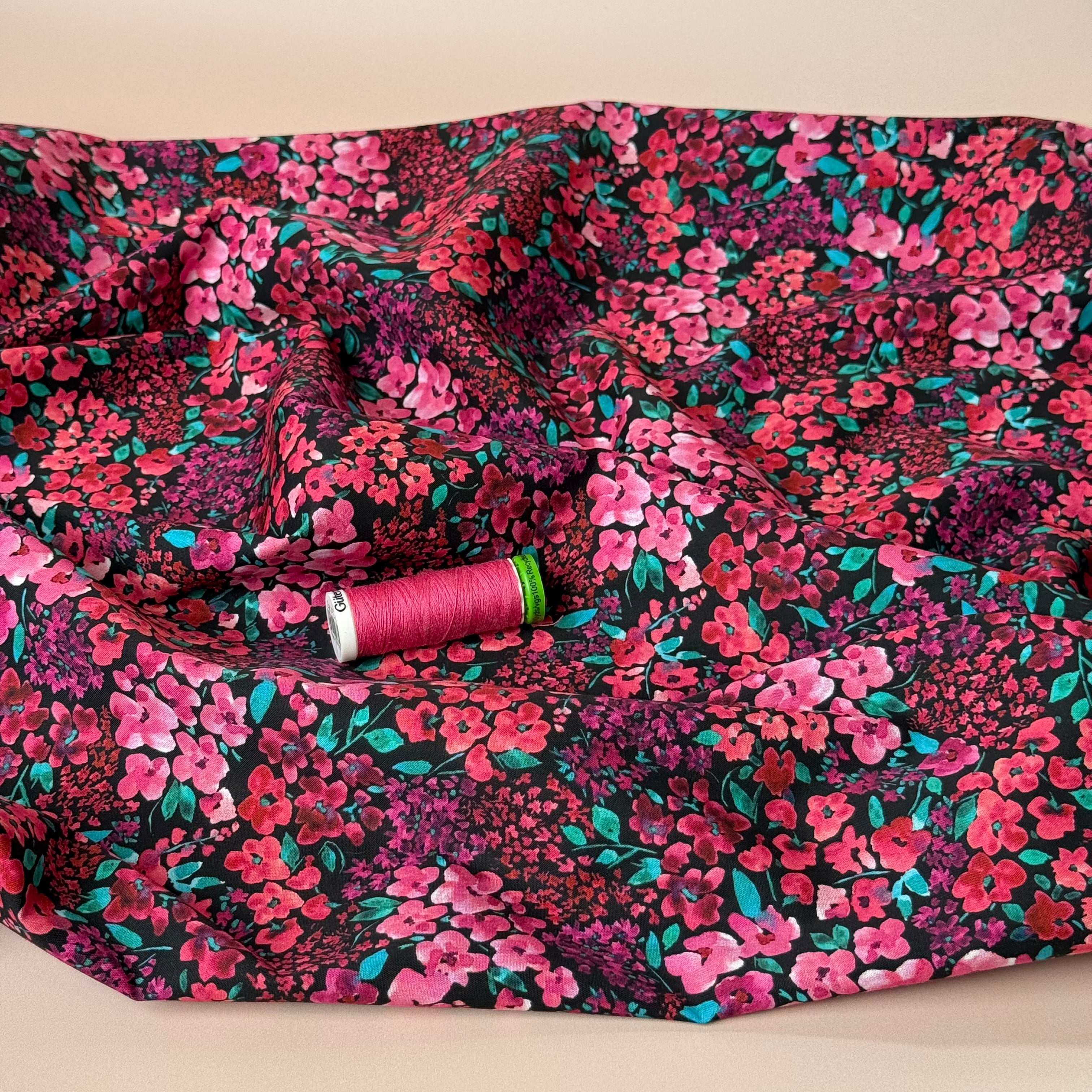 Small Watercolour Flowers on Black Fine Cotton Poplin