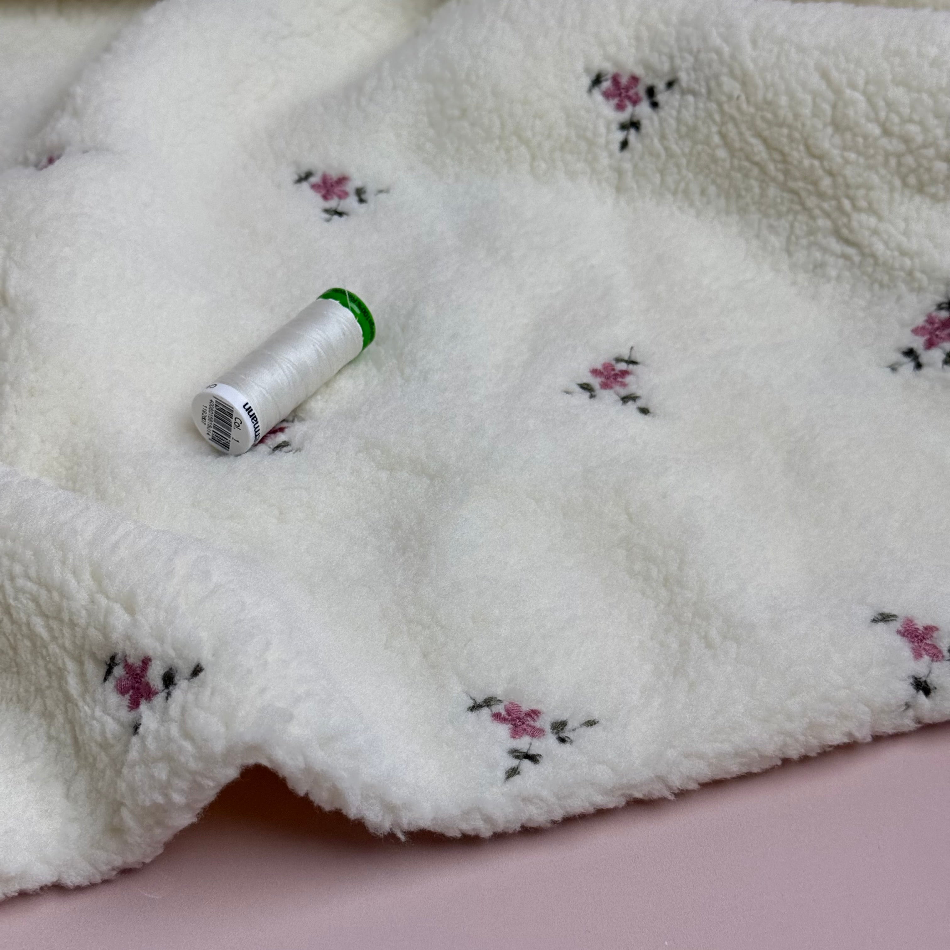 Teddy Fabric with Embroidered Flowers in Off-White