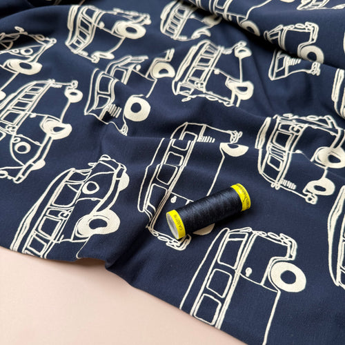 Camper Vans in Navy Peach Soft Cotton Sweat-shirting Fabric