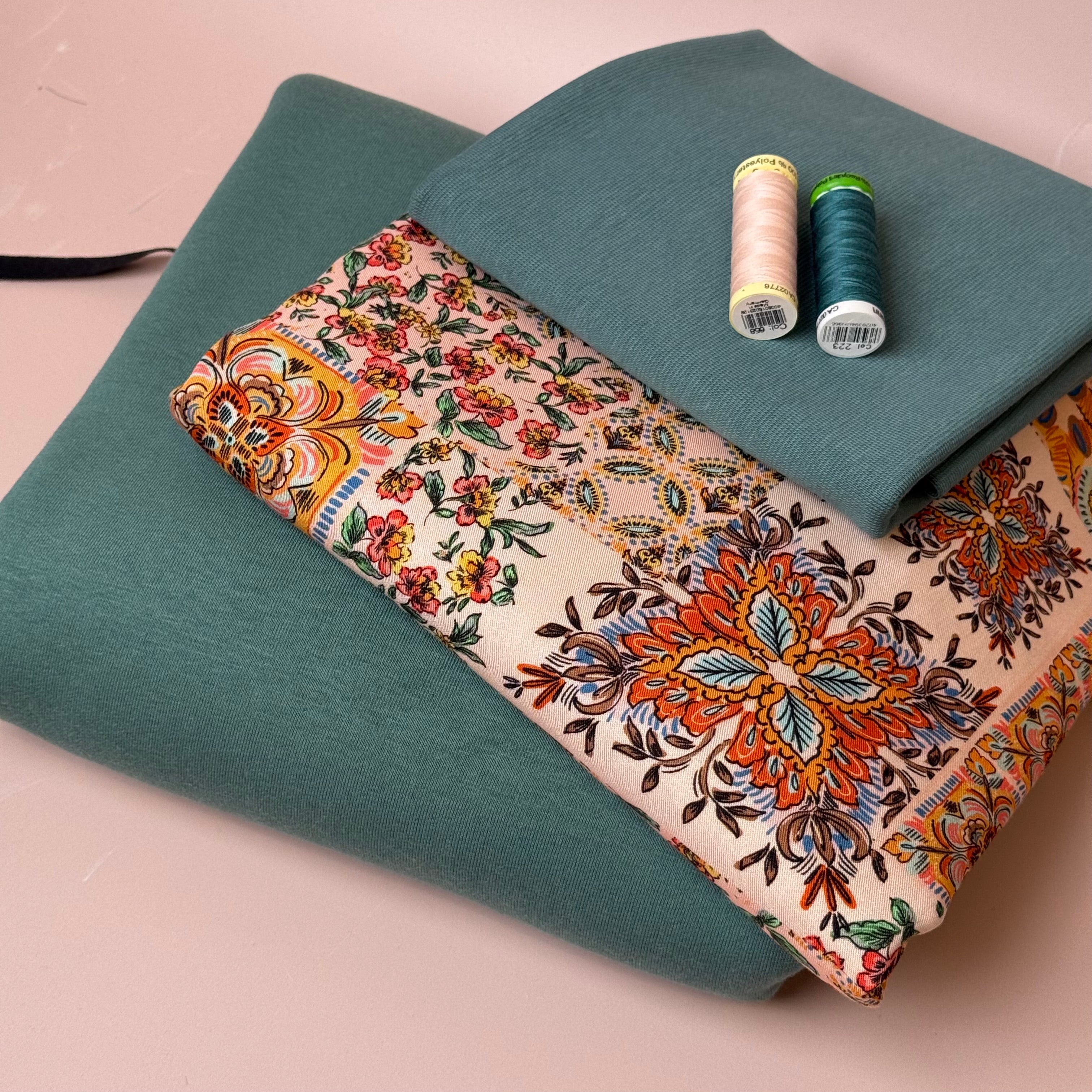 Make an Outfit Colour Bundle - Patchwork Viscose Twill & Sweatshirting in Sea Pine with Ribbing