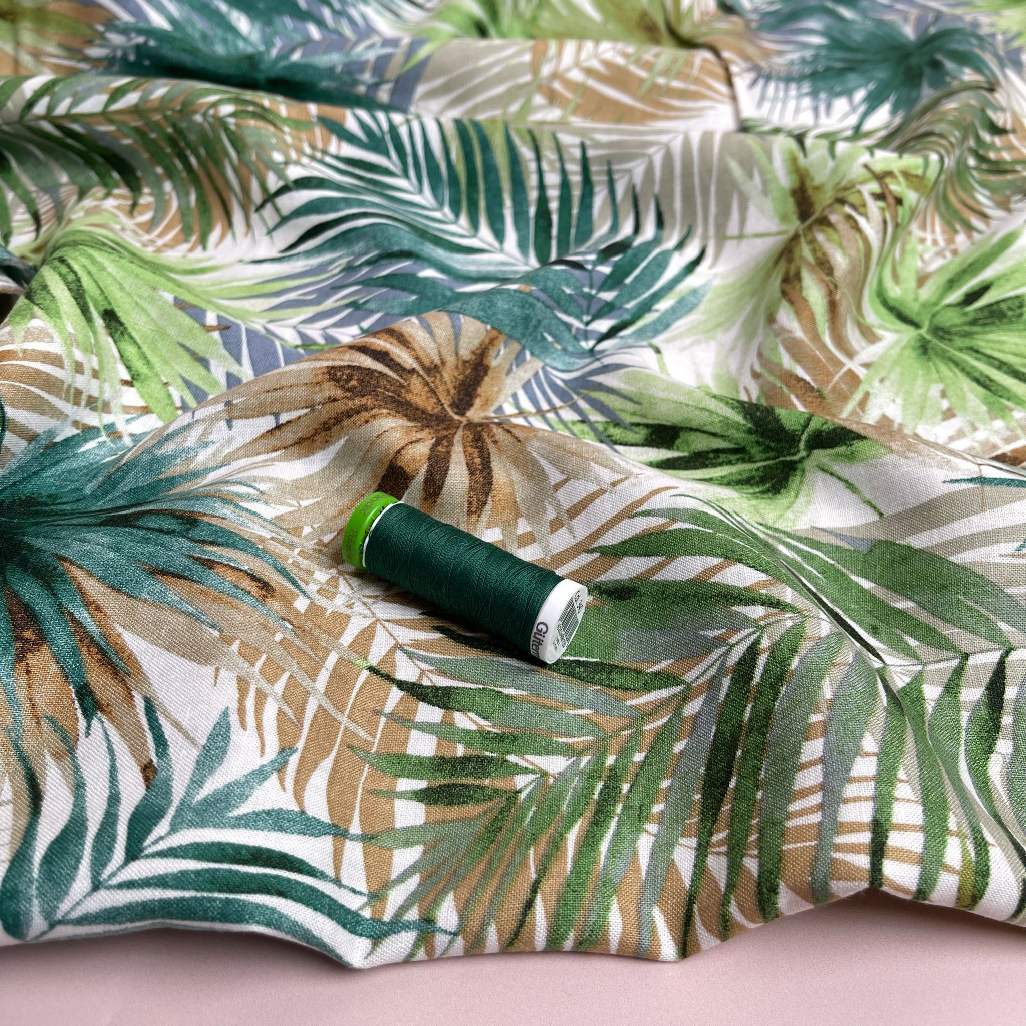 Tropical Fan Leaves on White Viscose Linen Blend Fabric