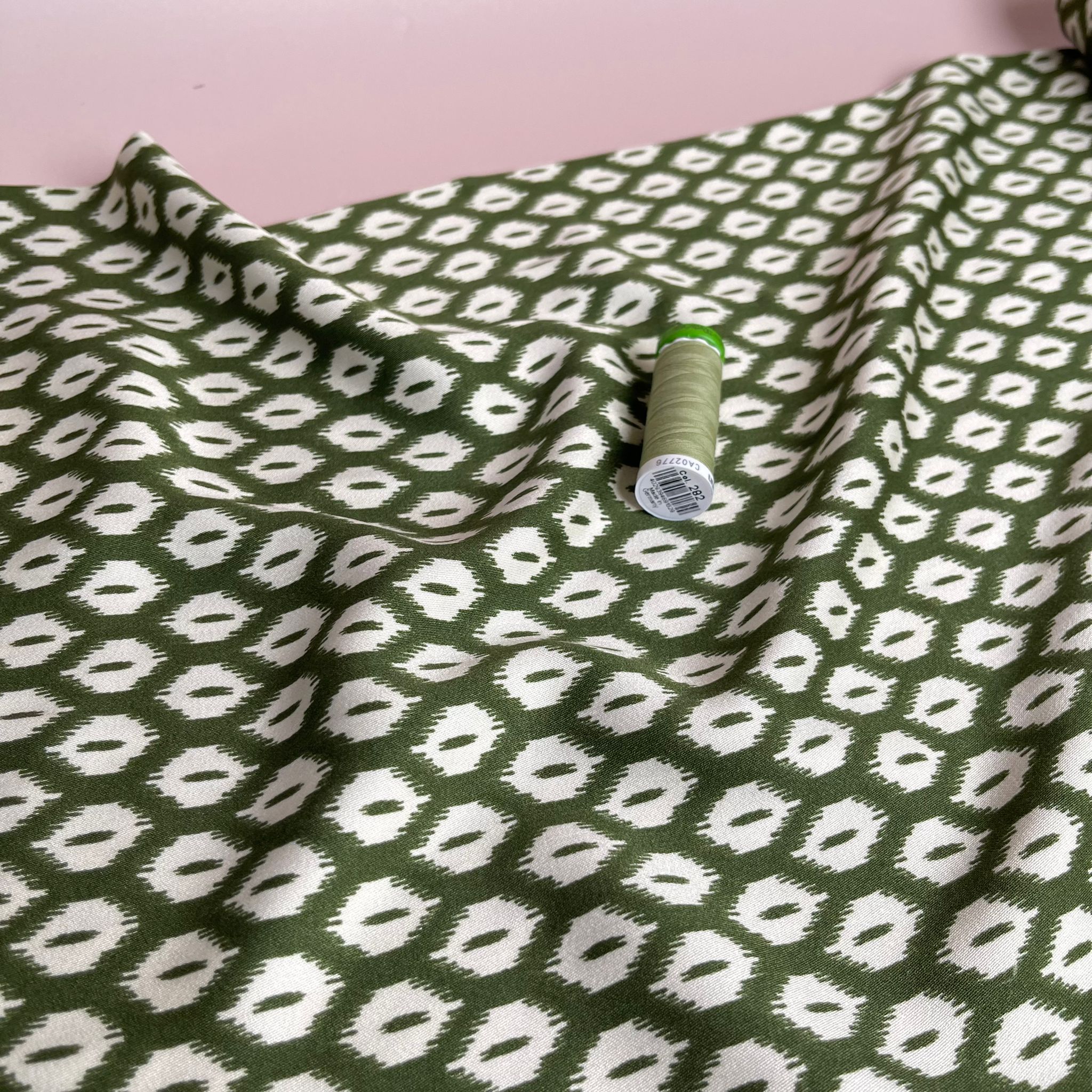 Abstract Rhombus on Olive Viscose Twill Sateen Fabric