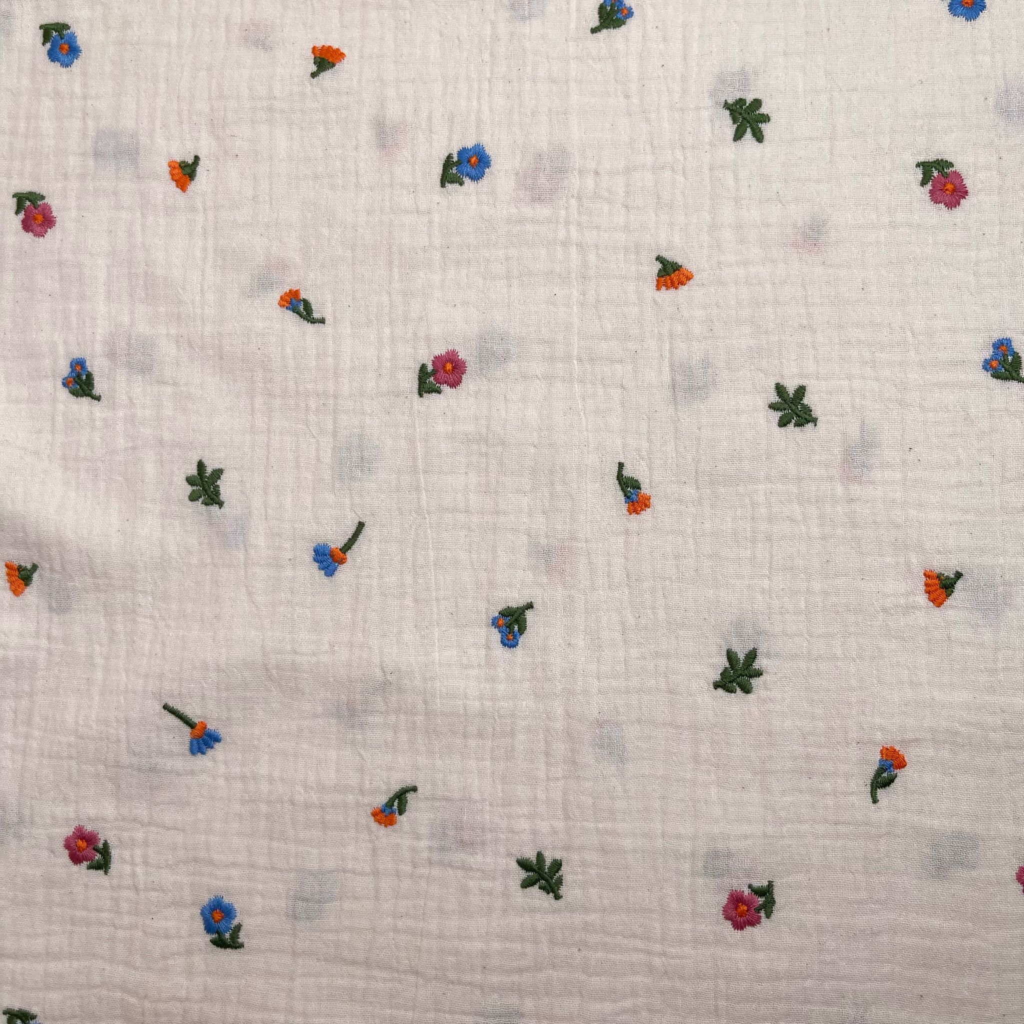 Embroidered Ditsy Florals on Off-White Cotton Double Gauze