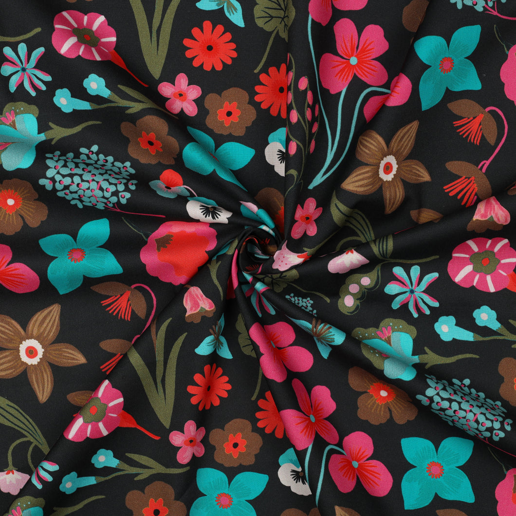 Nerida Hansen - Meadow Flowers on Jet Black Cotton Poplin Fabric