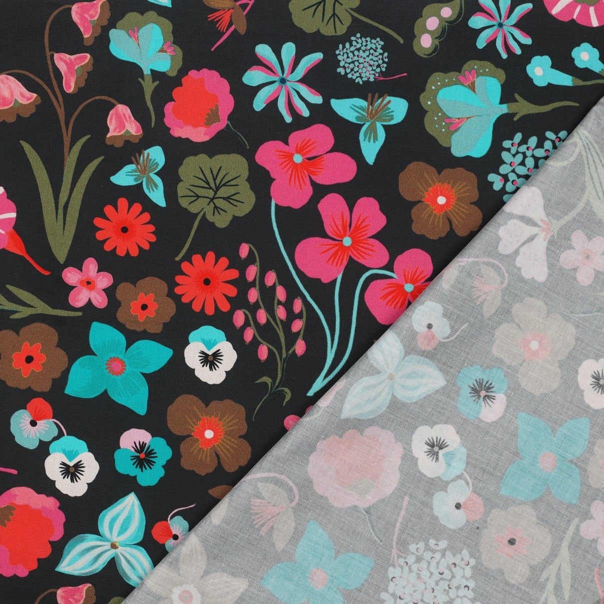 Nerida Hansen - Meadow Flowers on Jet Black Cotton Poplin Fabric