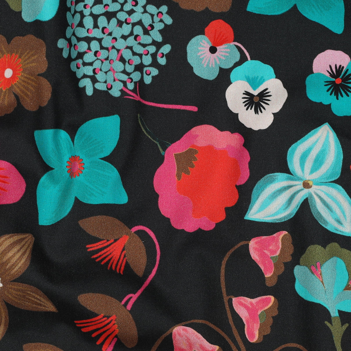 Nerida Hansen - Meadow Flowers on Jet Black Cotton Poplin Fabric