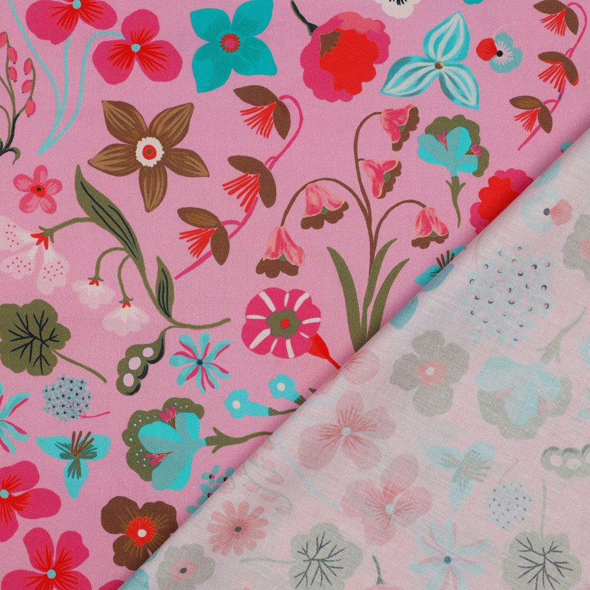 Nerida Hansen - Meadow Flowers on Light Pink Cotton Poplin Fabric