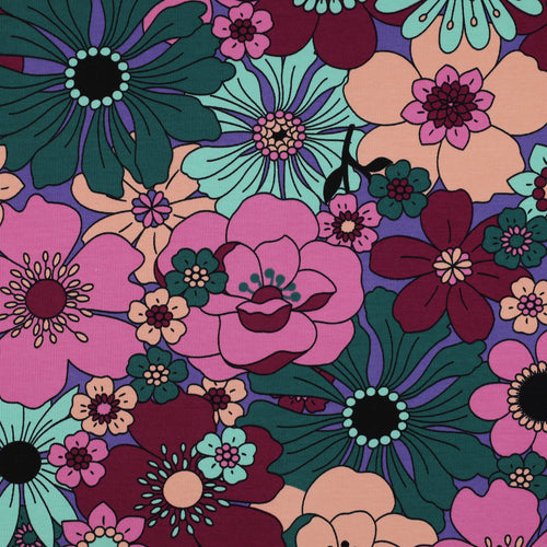 Nerida Hansen - Blooms on Purple Cotton French Terry