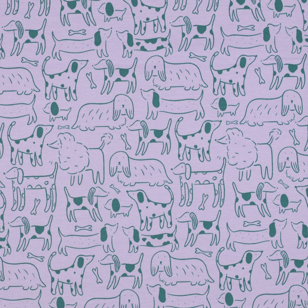 Dog Park on Lilac Cotton Jersey Fabric