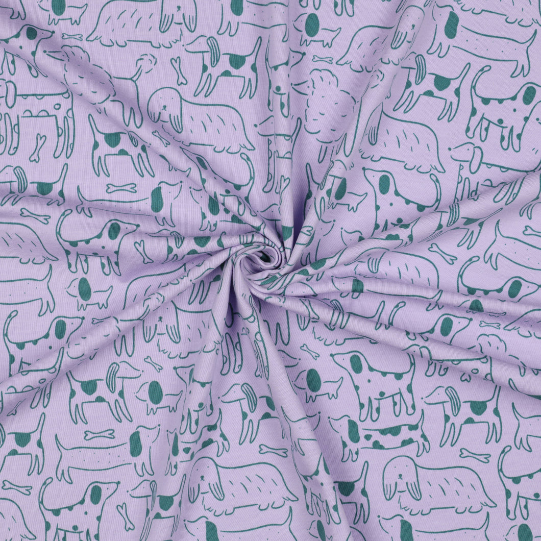 Dog Park on Lilac Cotton Jersey Fabric