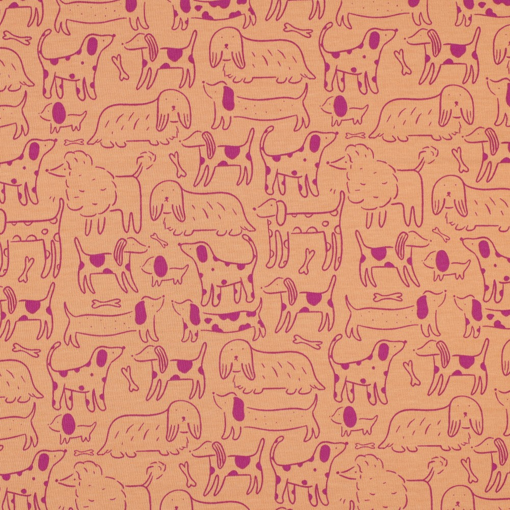 Dog Park on Peach Cotton Jersey Fabric