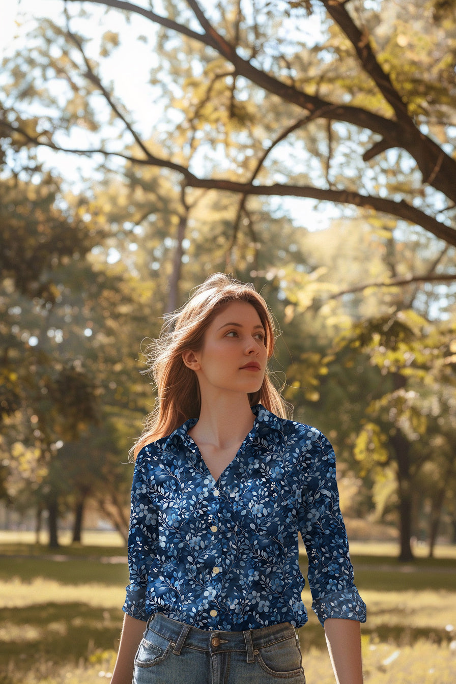 Delicate Cobalt Blooms Cotton Poplin Fabric