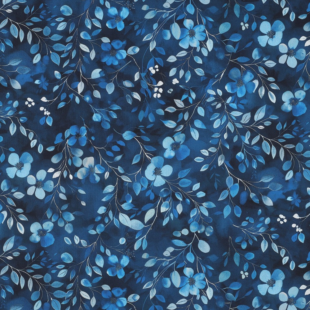 Delicate Cobalt Blooms Cotton Poplin Fabric