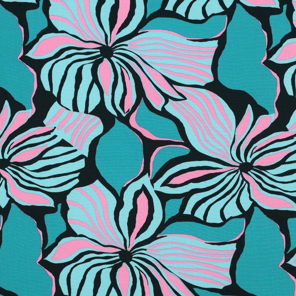 Bold Painted Flowers on Black LENZING™ ECOVERO™ Viscose Fabric