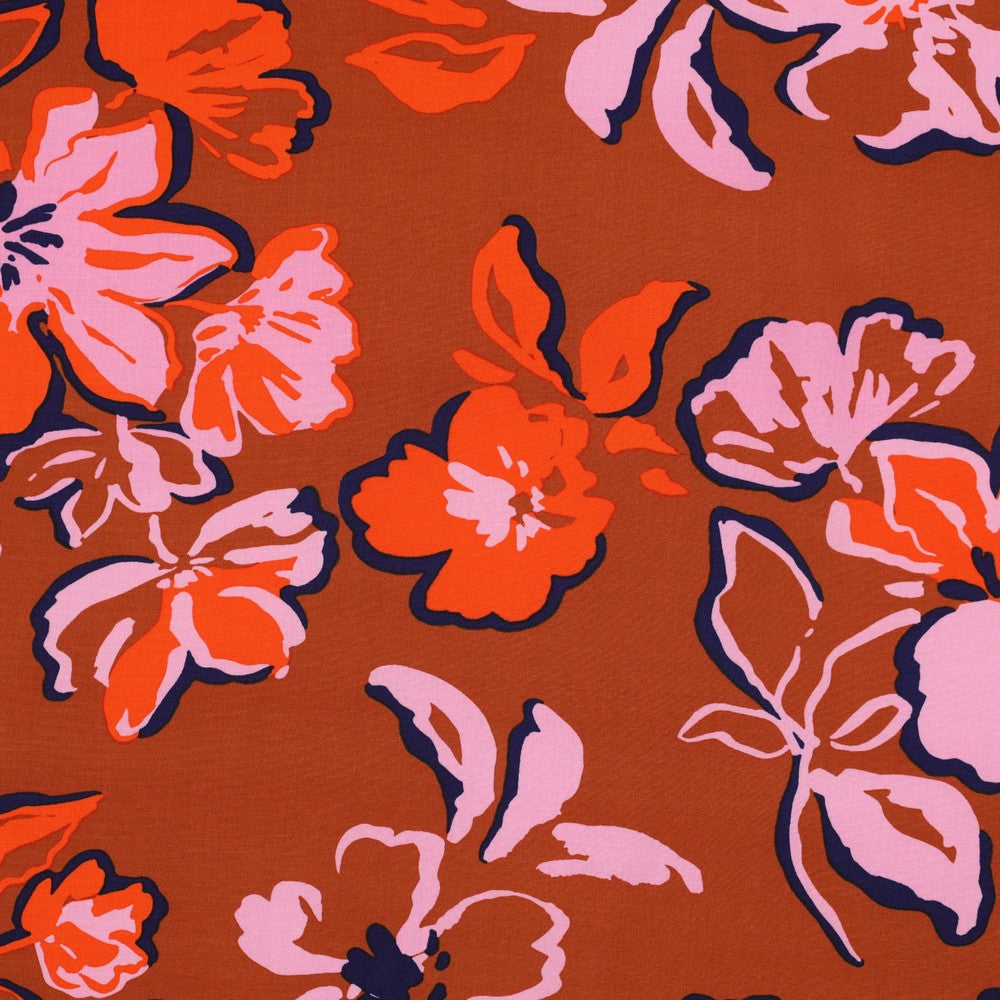 Painted Blooms on Rust LENZING™ ECOVERO™ Viscose Fabric