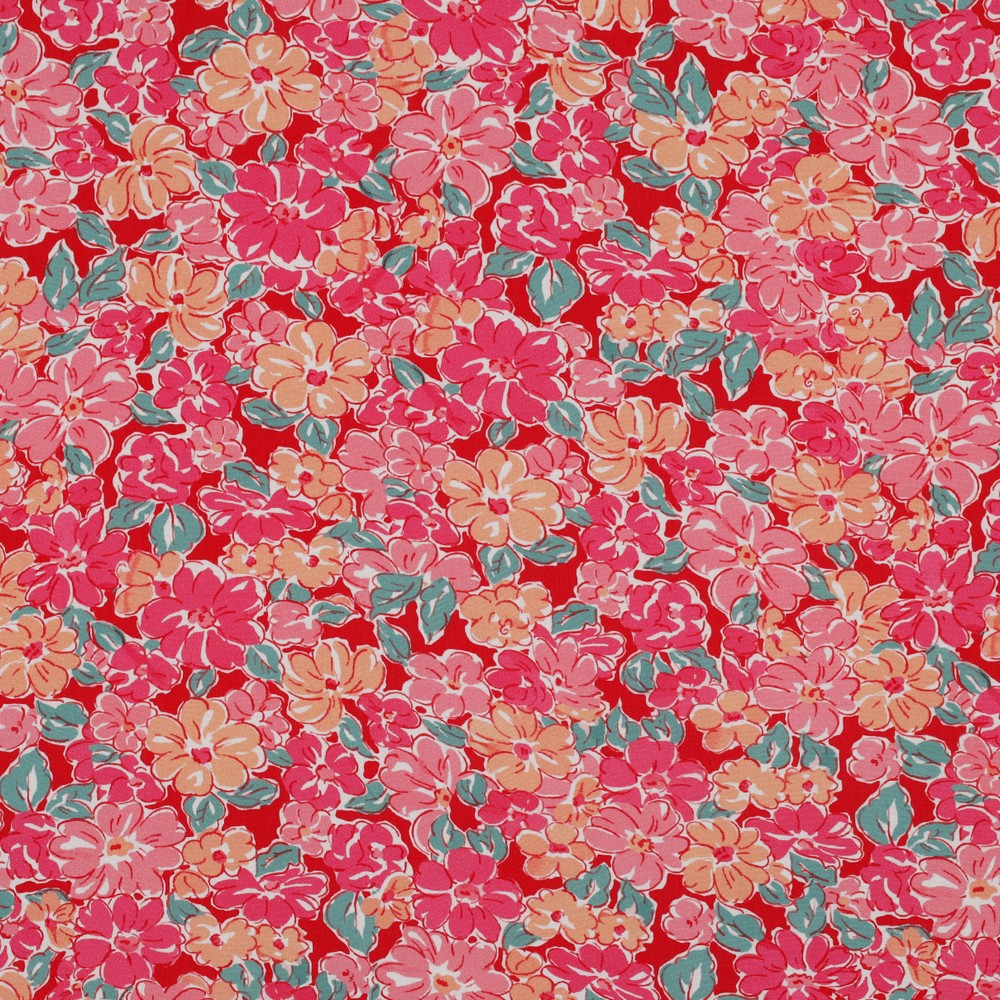 REMNANT 0.6 Metre - Meadow Flowers in Pink and Peach Viscose Fabric