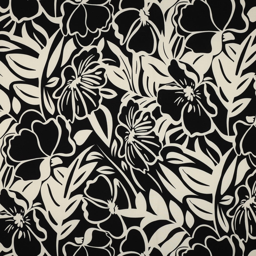 Off-White Blooms on Black Viscose Fabric