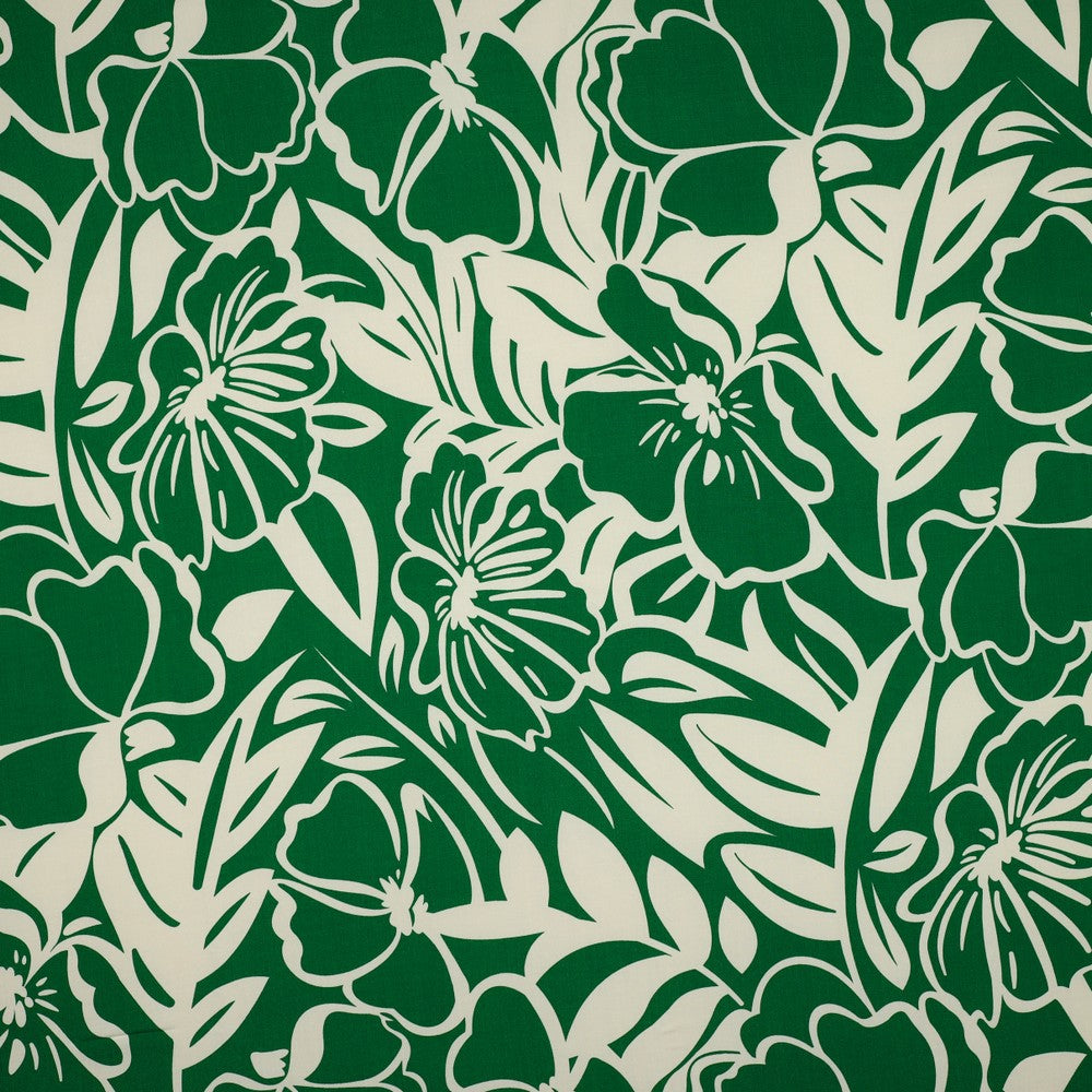 White Blooms on Emerald Green Viscose Fabric