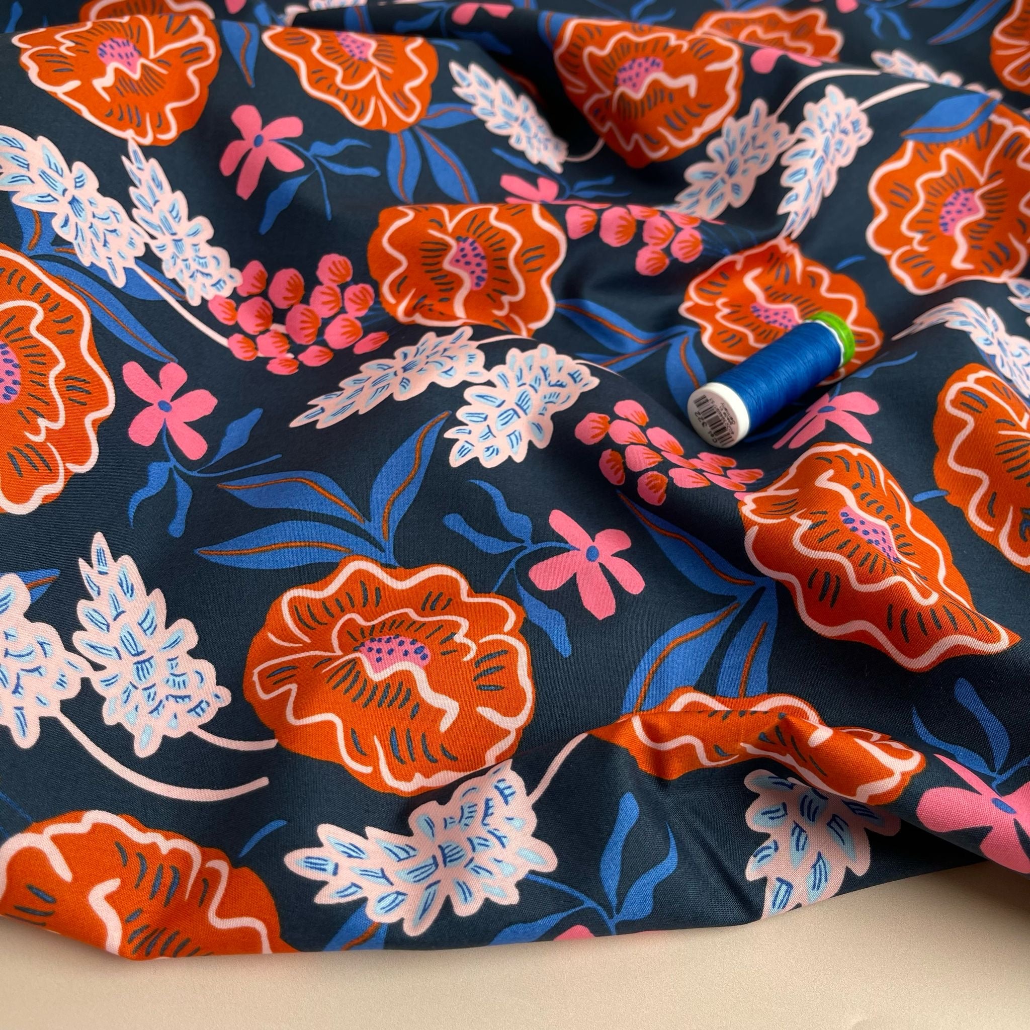 Nerida Hansen - Fresh Flowers on Navy Cotton Poplin Fabric