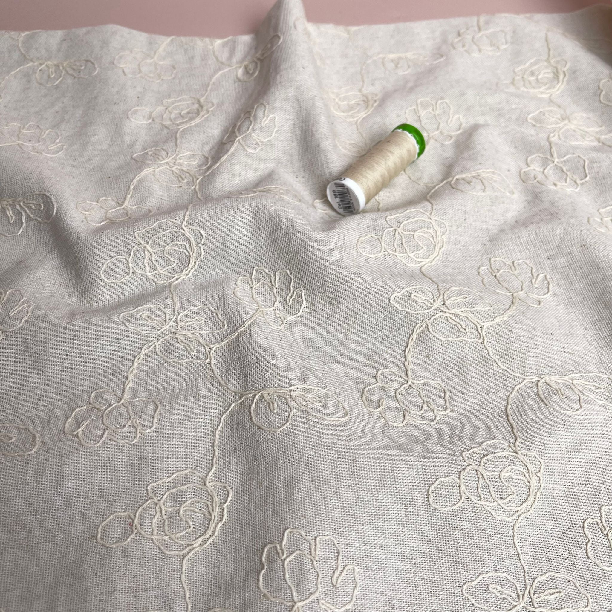 Embroidered Floral on Natural Viscose Linen Fabric