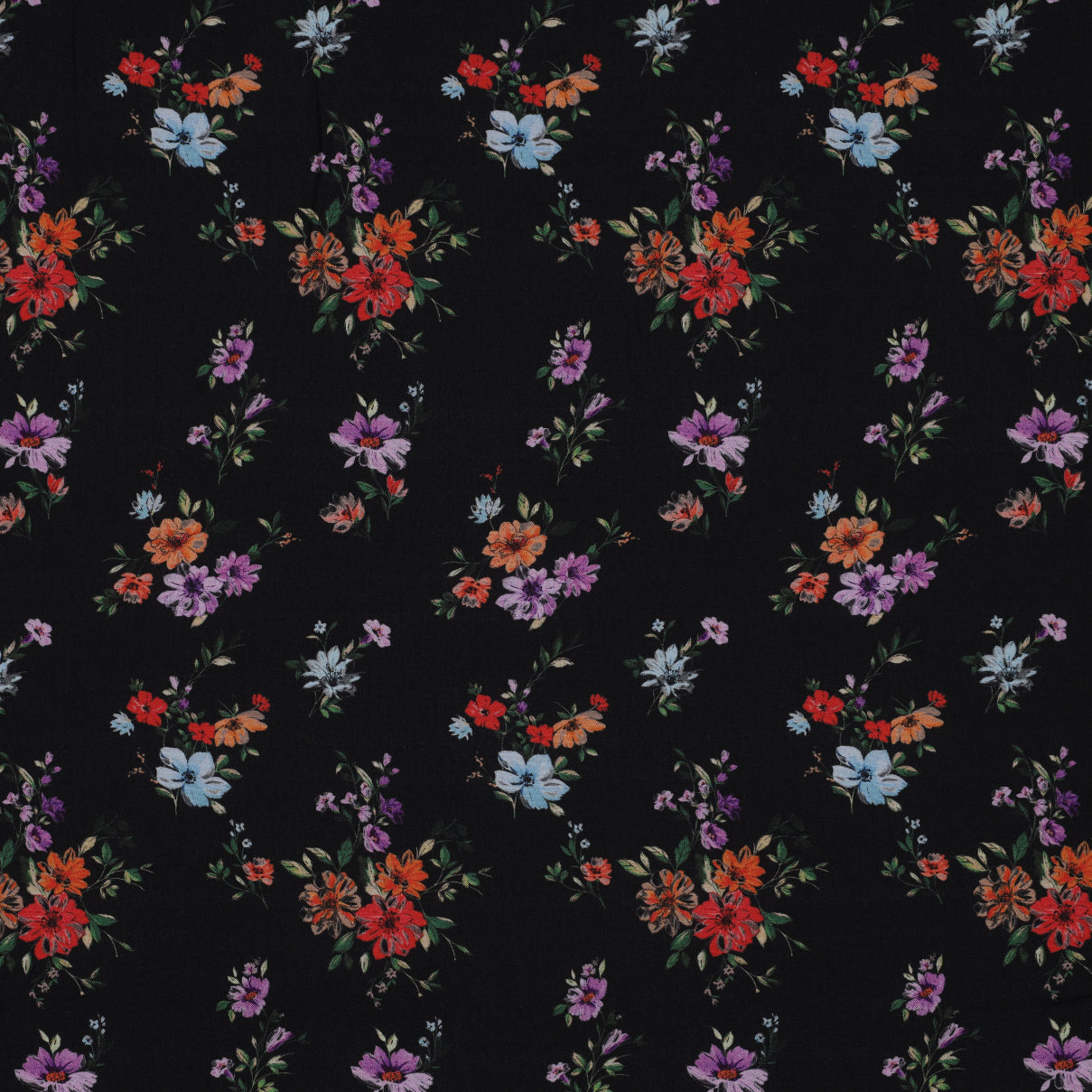 Flower Bouquets on Black Viscose Fabric
