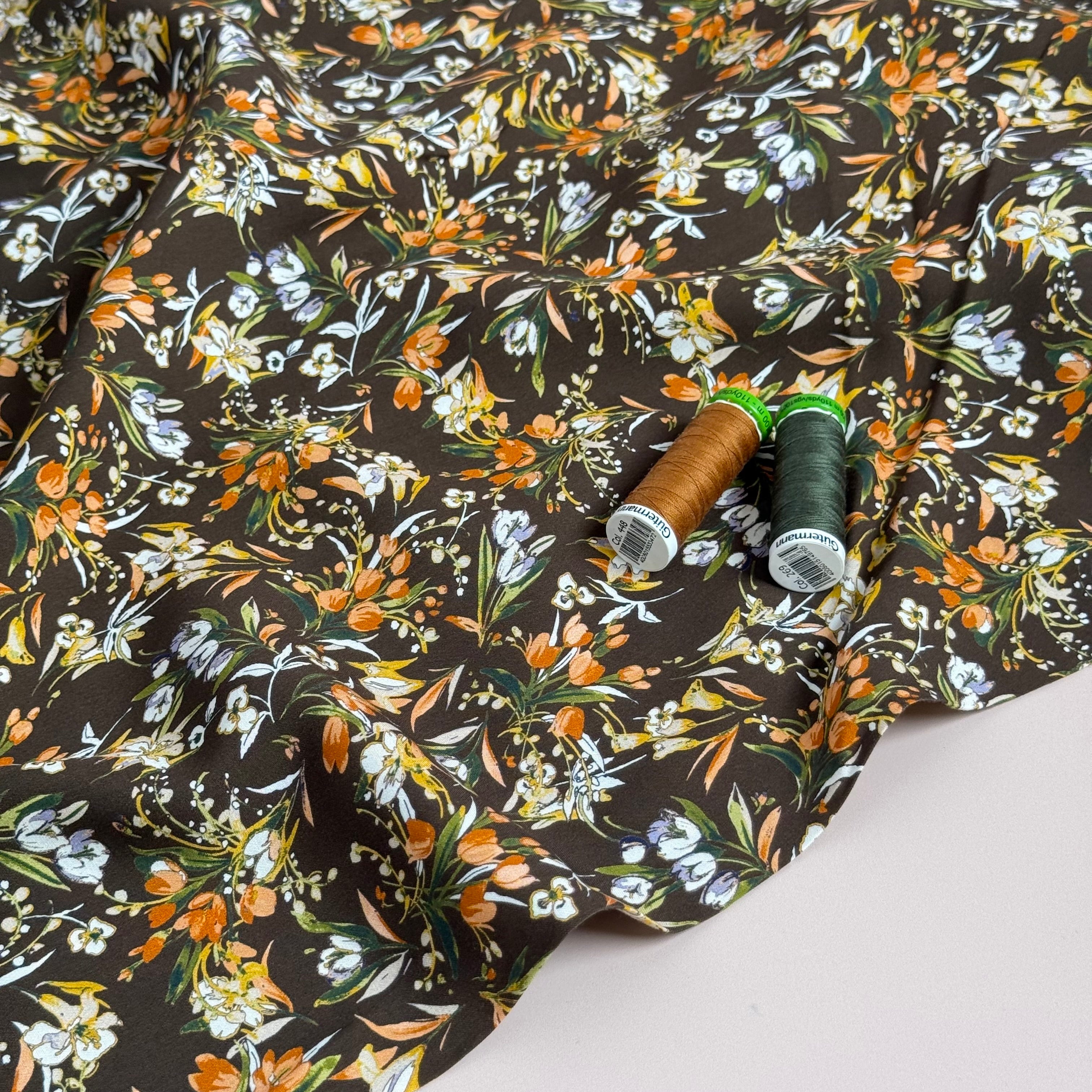 Tulip Bouquet on Brown Viscose Poplin Fabric