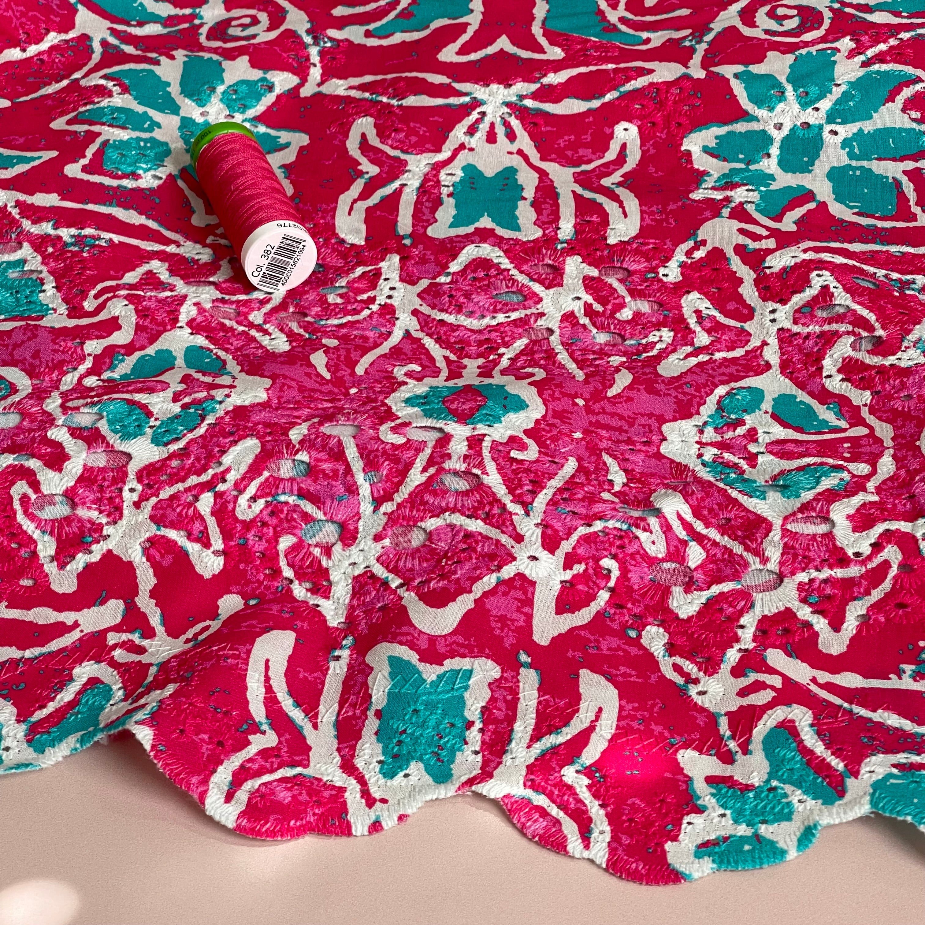 Abstract Flowers on Fuchsia Scalloped Embroidered Cotton Fabric