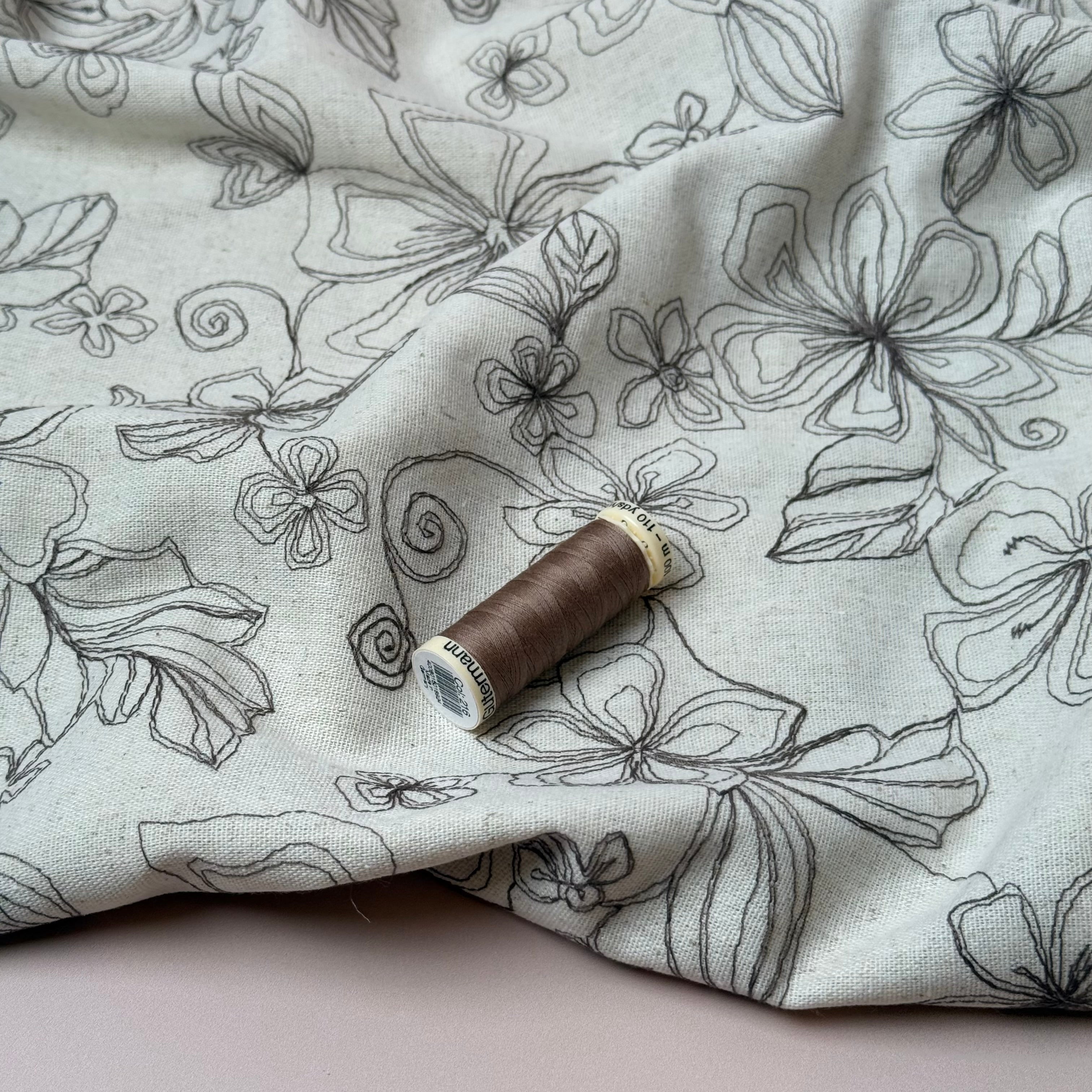 Embroidered Brown Flowers on Natural Viscose Linen Blend Fabric