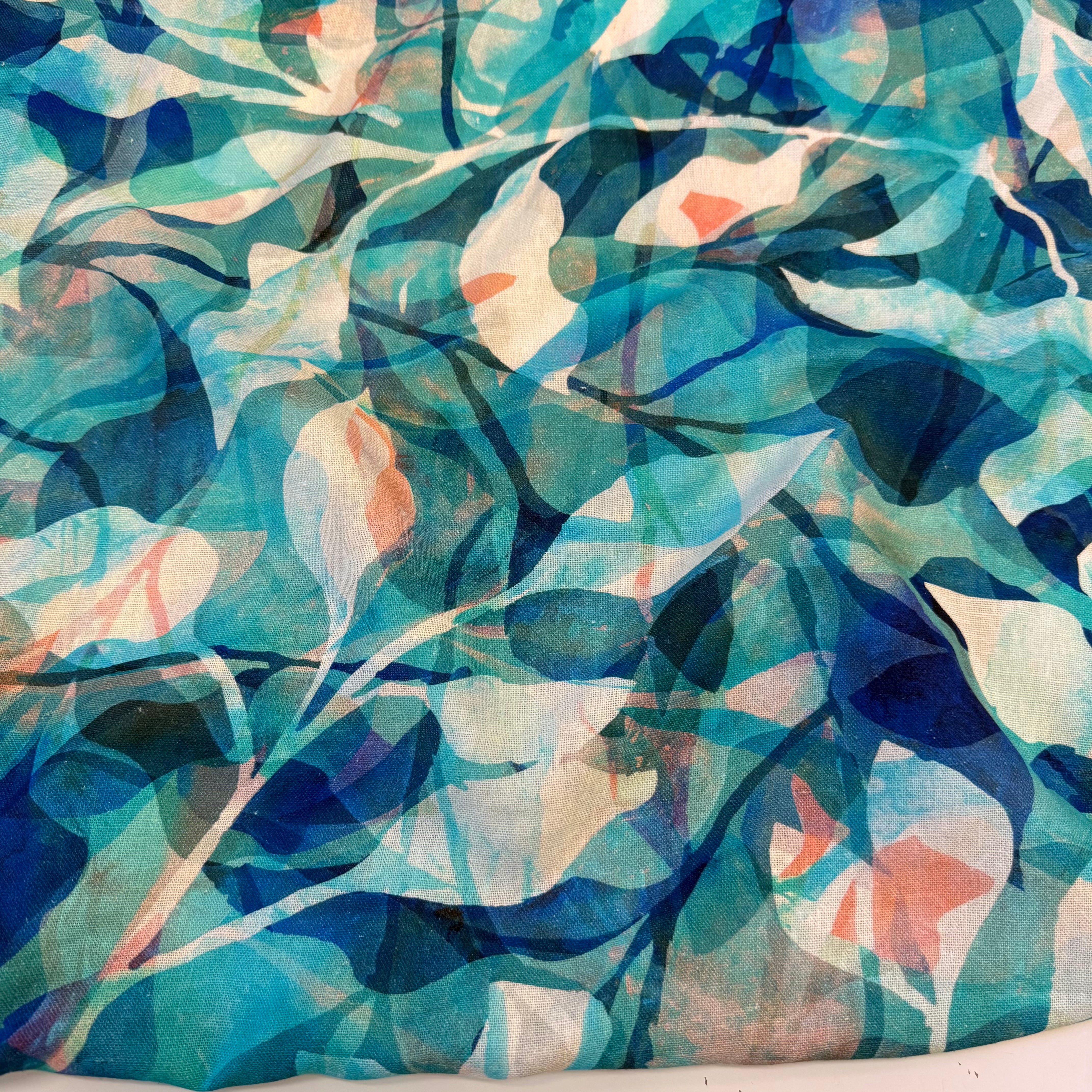 Painted Foliage Turquoise Linen Viscose Blend Fabric