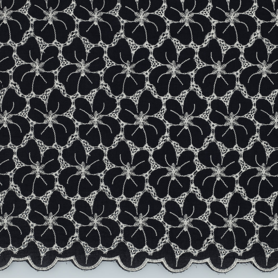 Scalloped Flowers Border Embroidered Cotton Fabric in Dark Navy