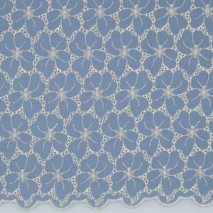 Scalloped Flowers Border Embroidered Cotton Fabric in Blue