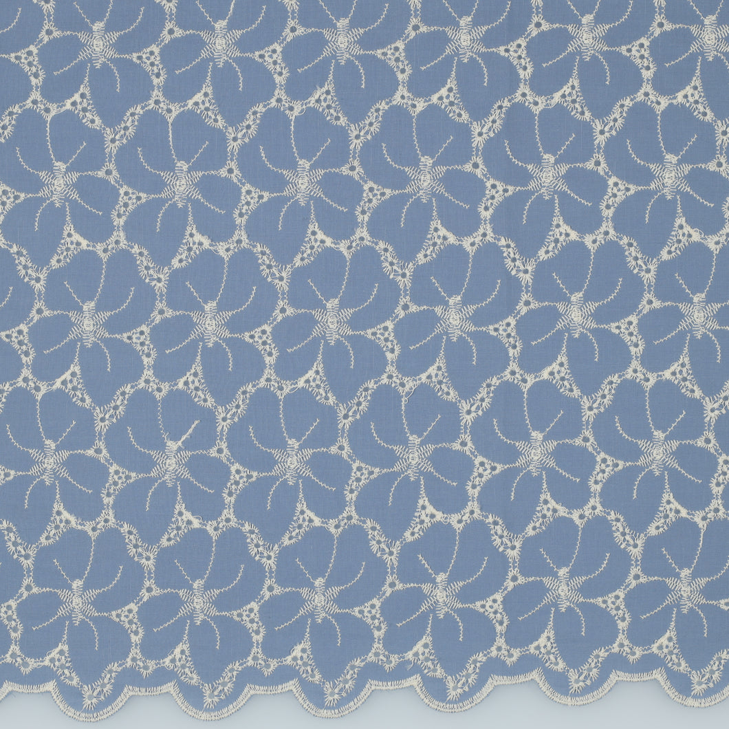 Scalloped Flowers Border Embroidered Cotton Fabric in Blue
