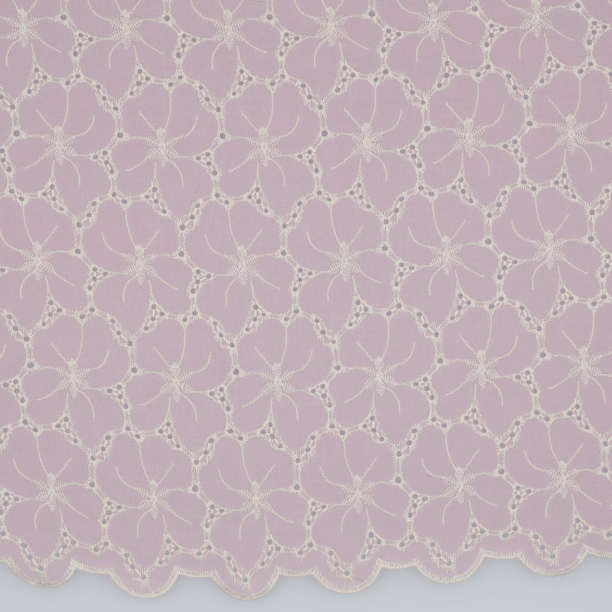 Scalloped Flowers Border Embroidered Cotton Fabric in Cherry Blossom