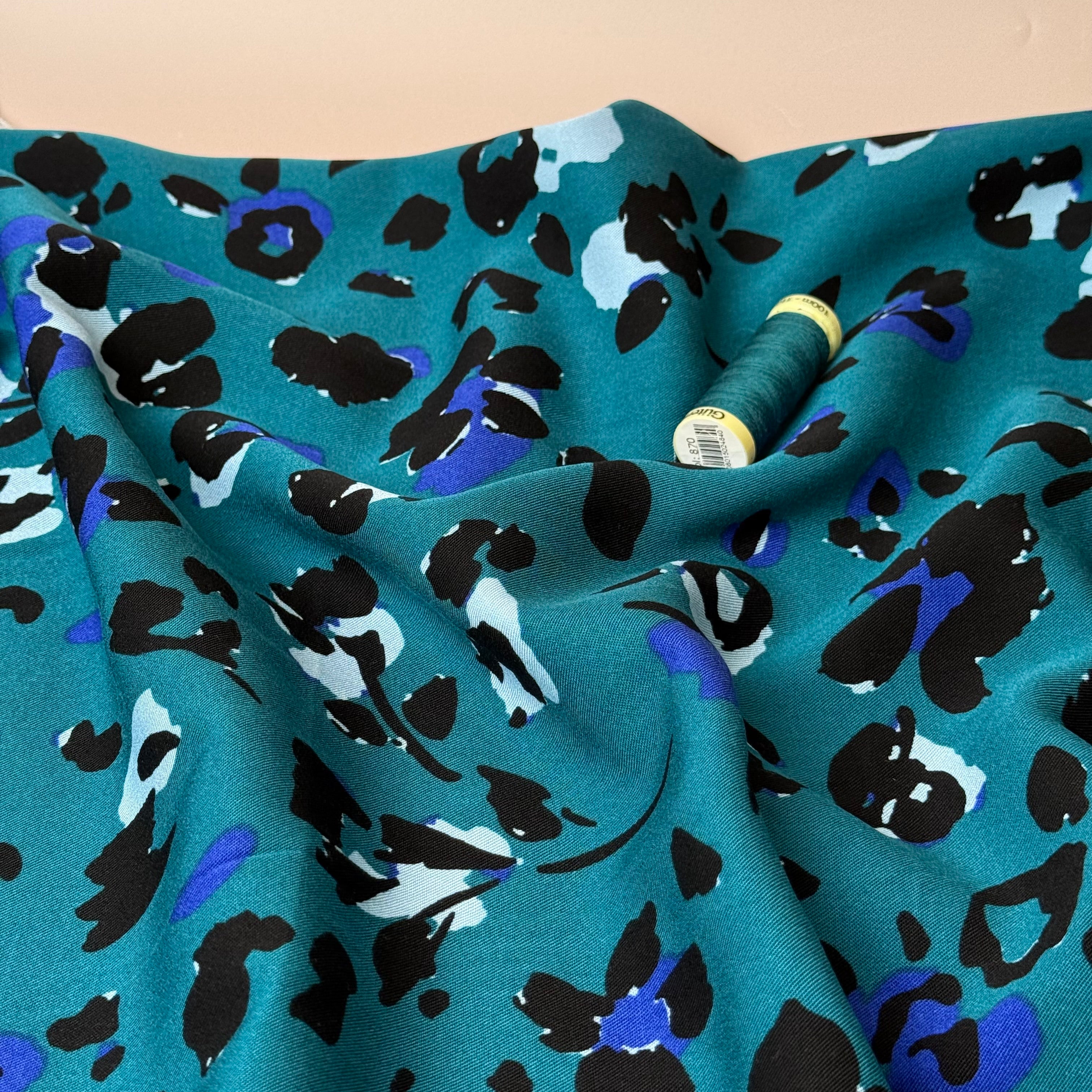 Abstract Leopard Petrol Viscose Twill