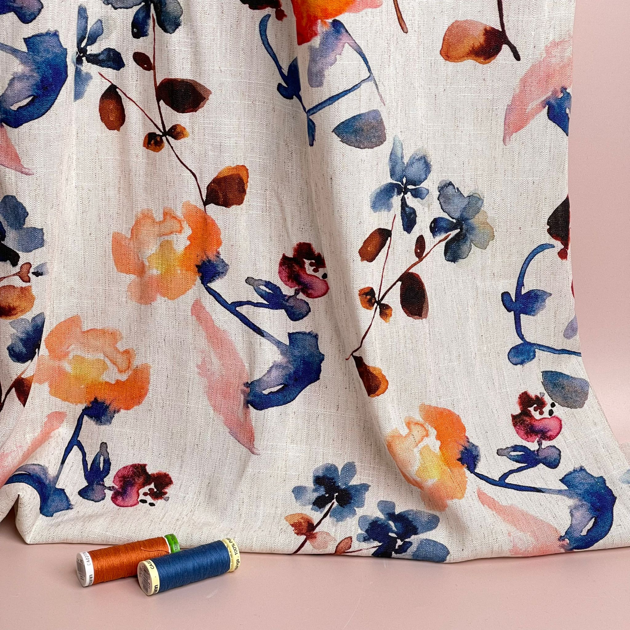 REMNANT 0.75 Metre - Apricot and Blue Florals Viscose Linen Fabric