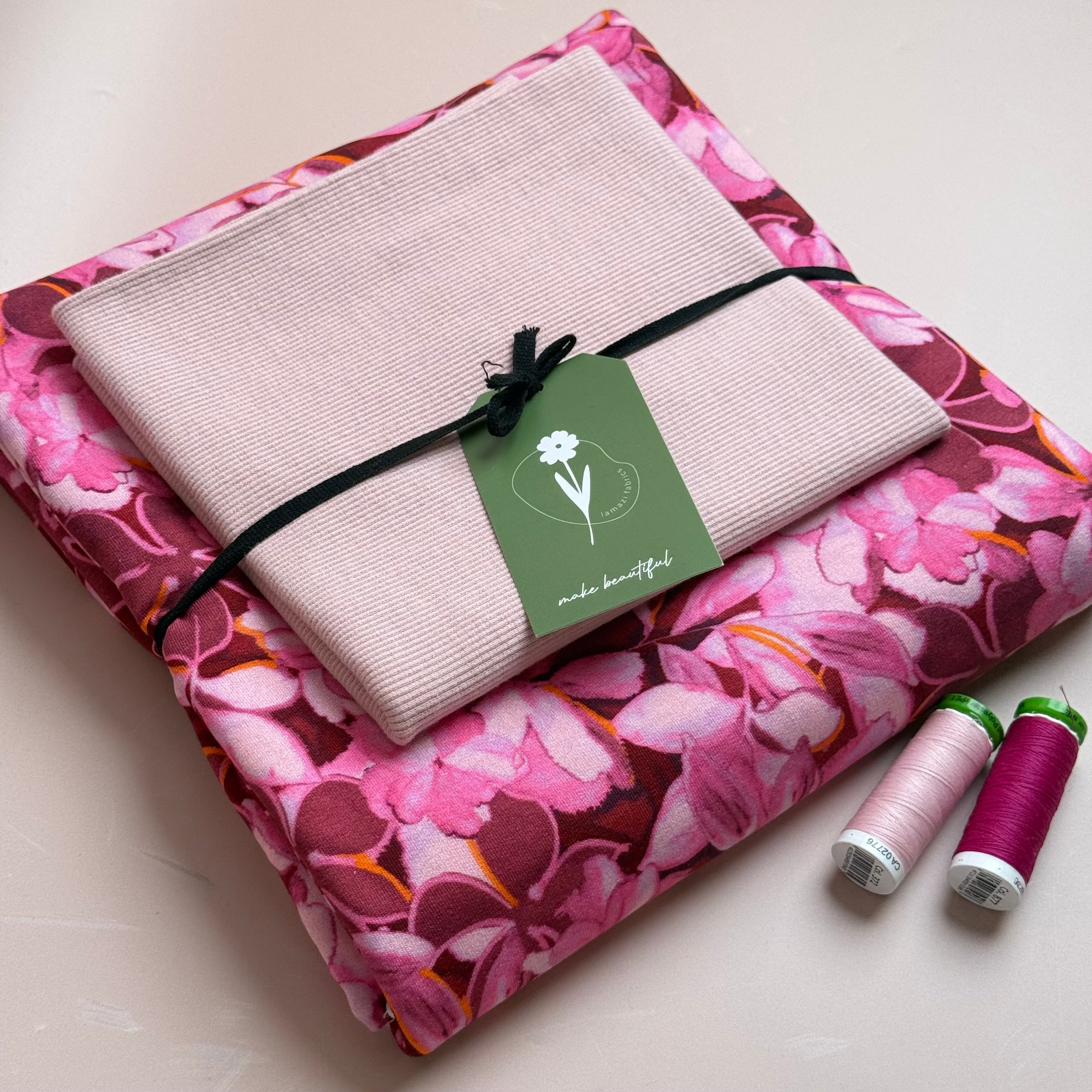 Colour Bundles - Painted Petals Red Cotton French Terry & Matching Ribbing