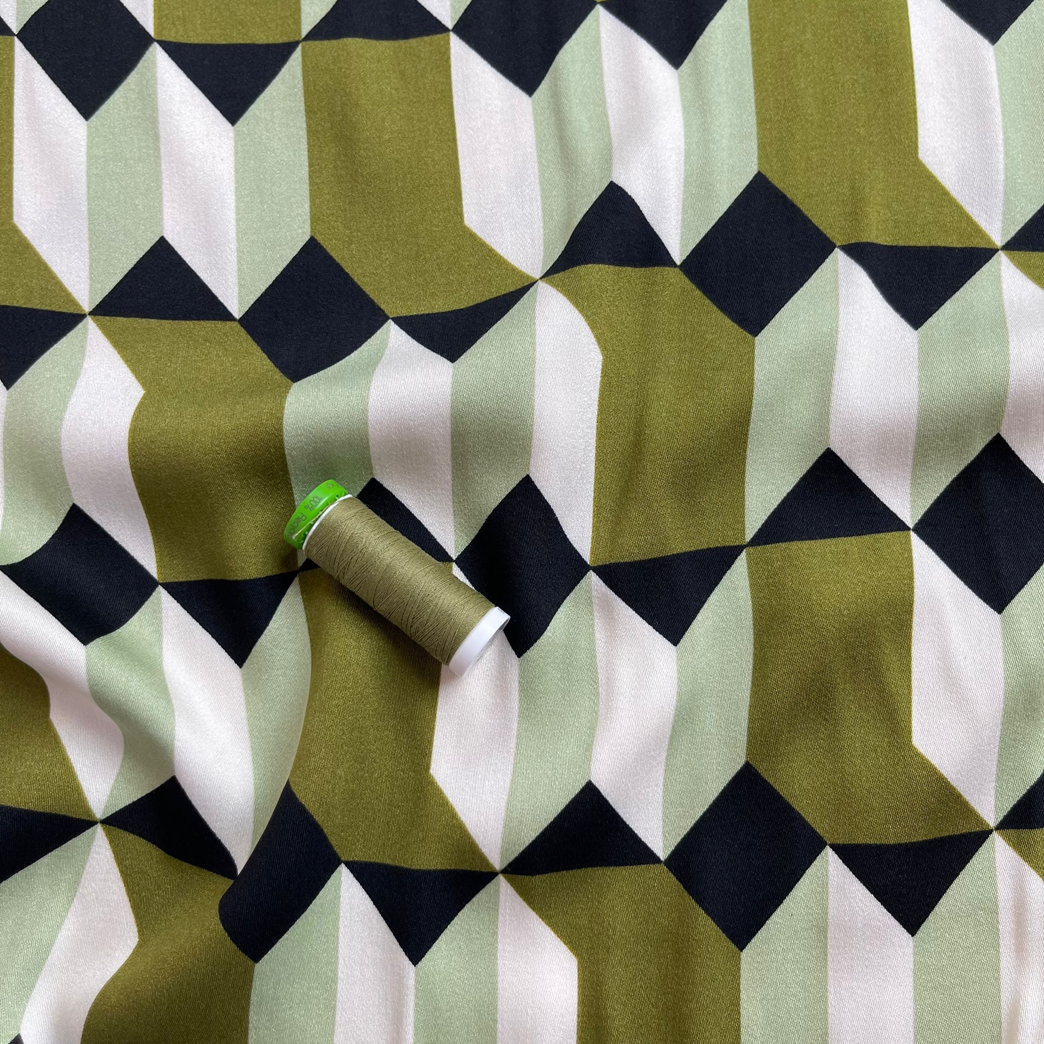 REMNANT 0.77 Metre - Abstract Shapes Olive Viscose Twill Sateen Fabric