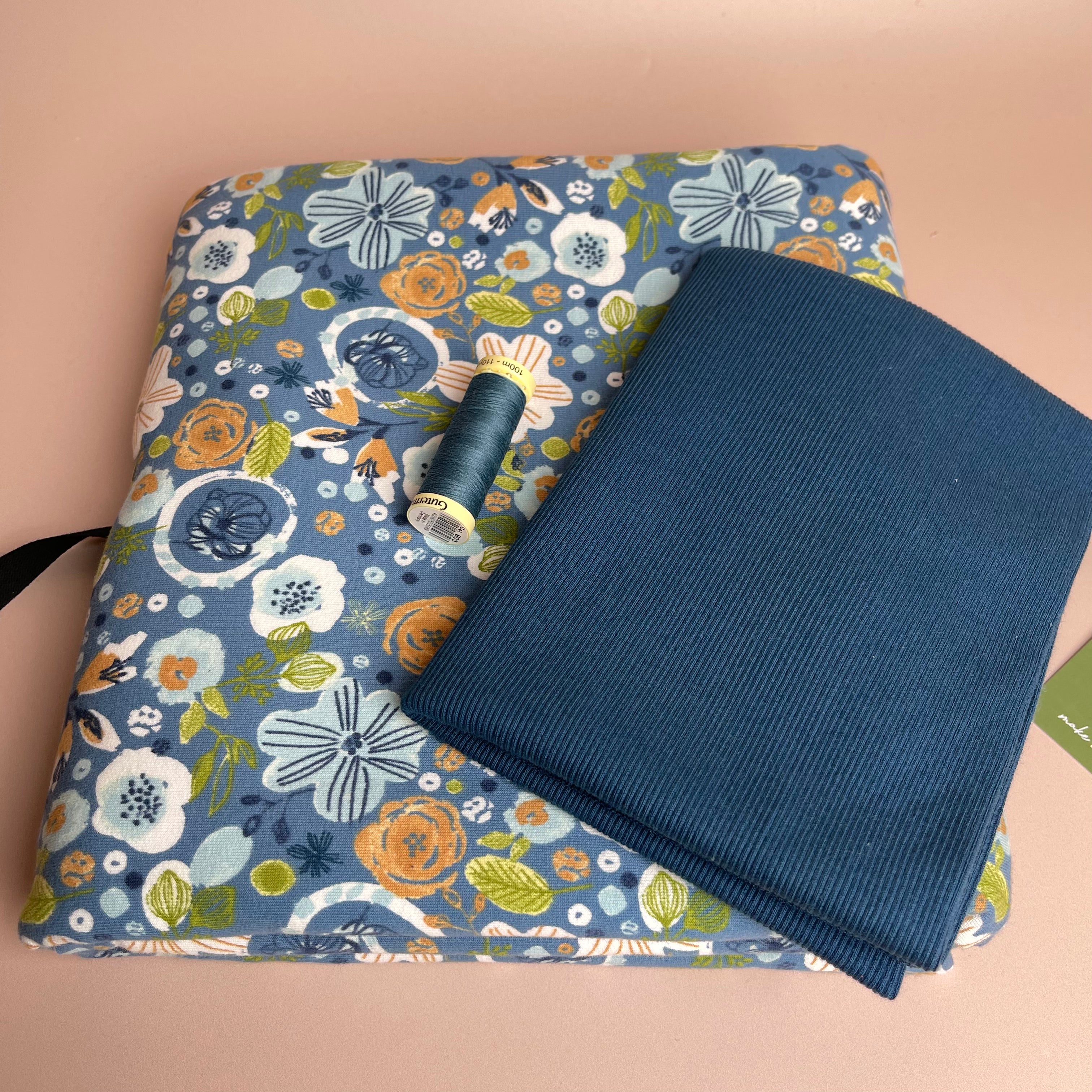 Colour Bundles - Floral Sketch Blue French Terry and Ribbing Fabrics