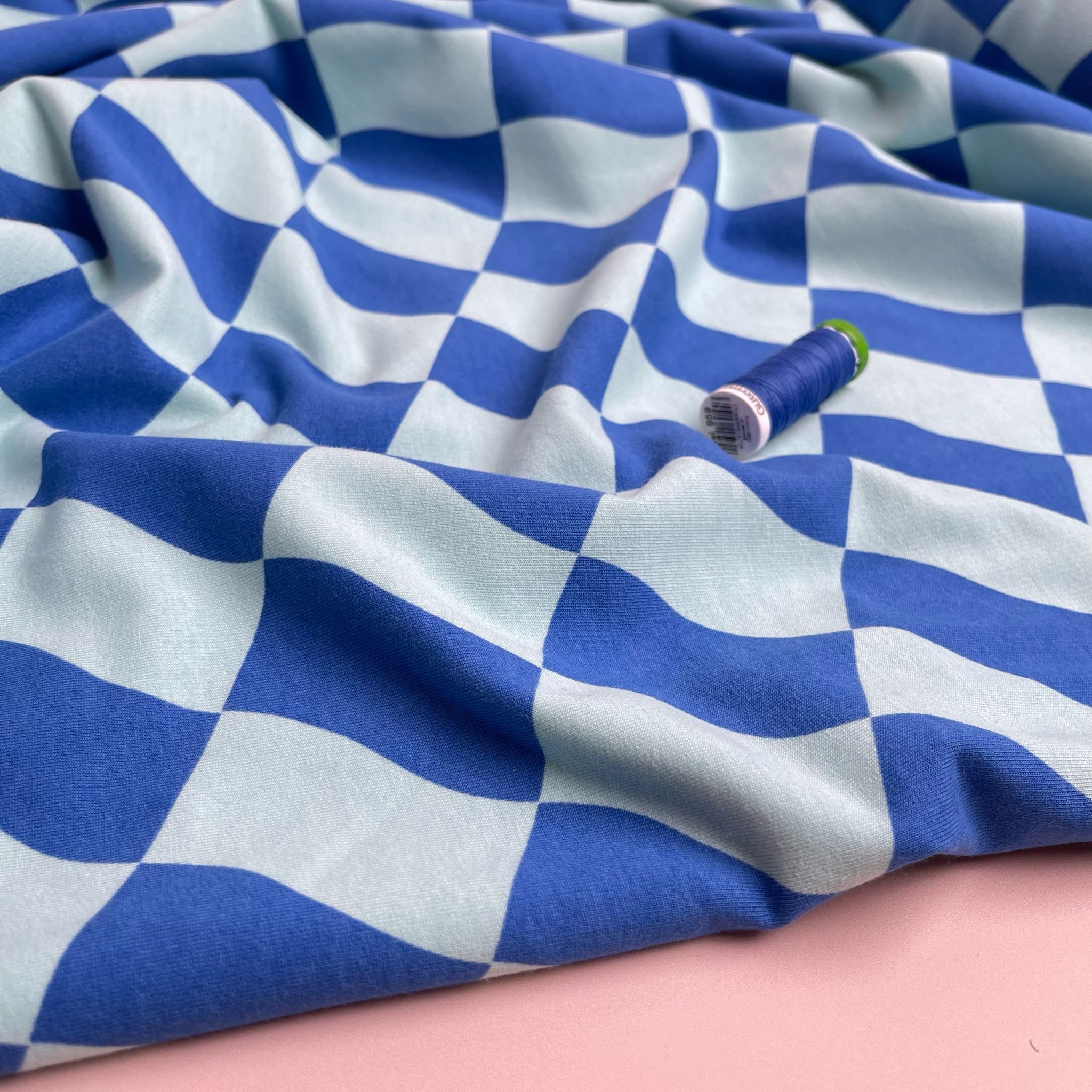 Blue Flag Checks Peach Soft Cotton Sweat-shirting Fabric