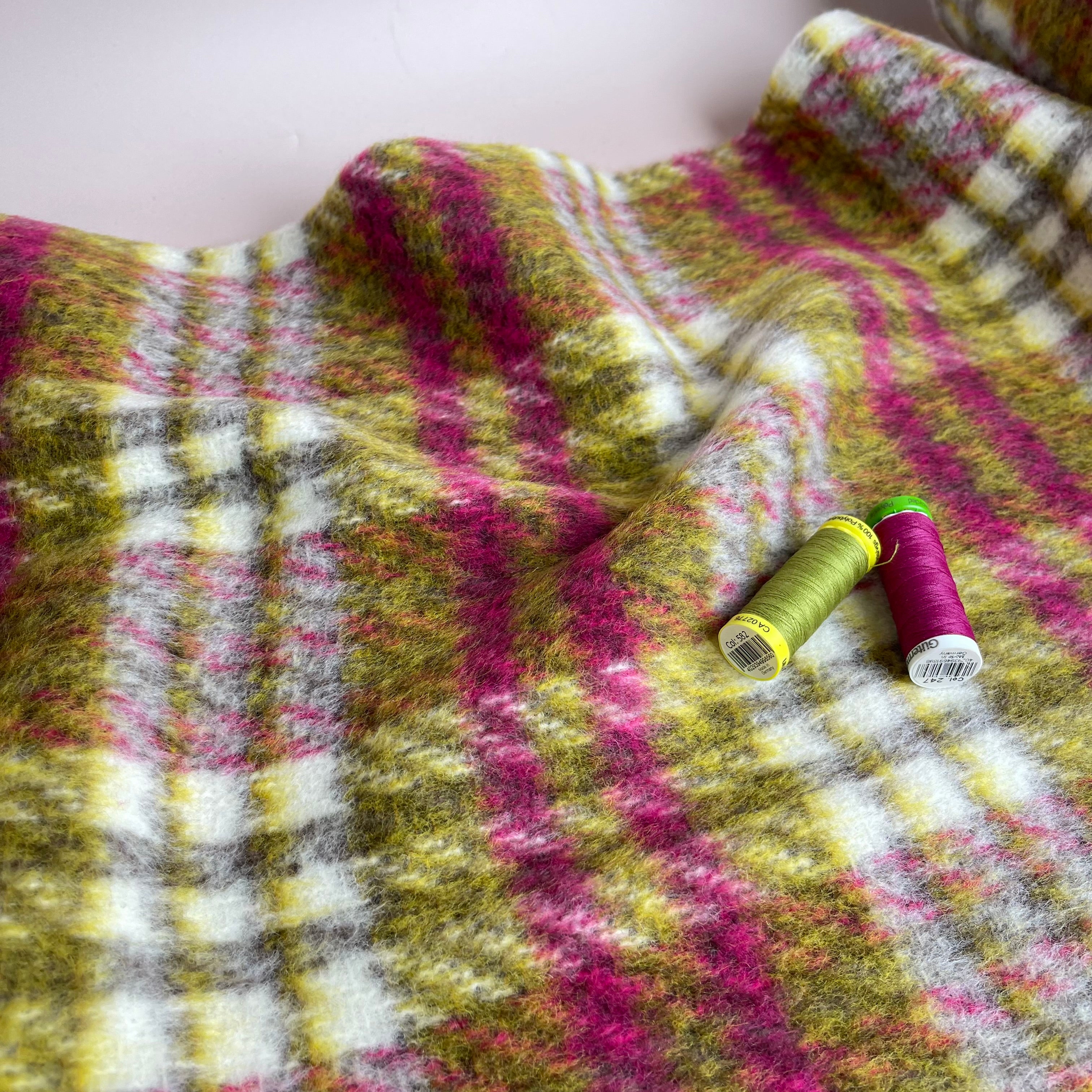 Kirstie in Green and Pink Checked Wool & Cotton Blend Coat Fabric