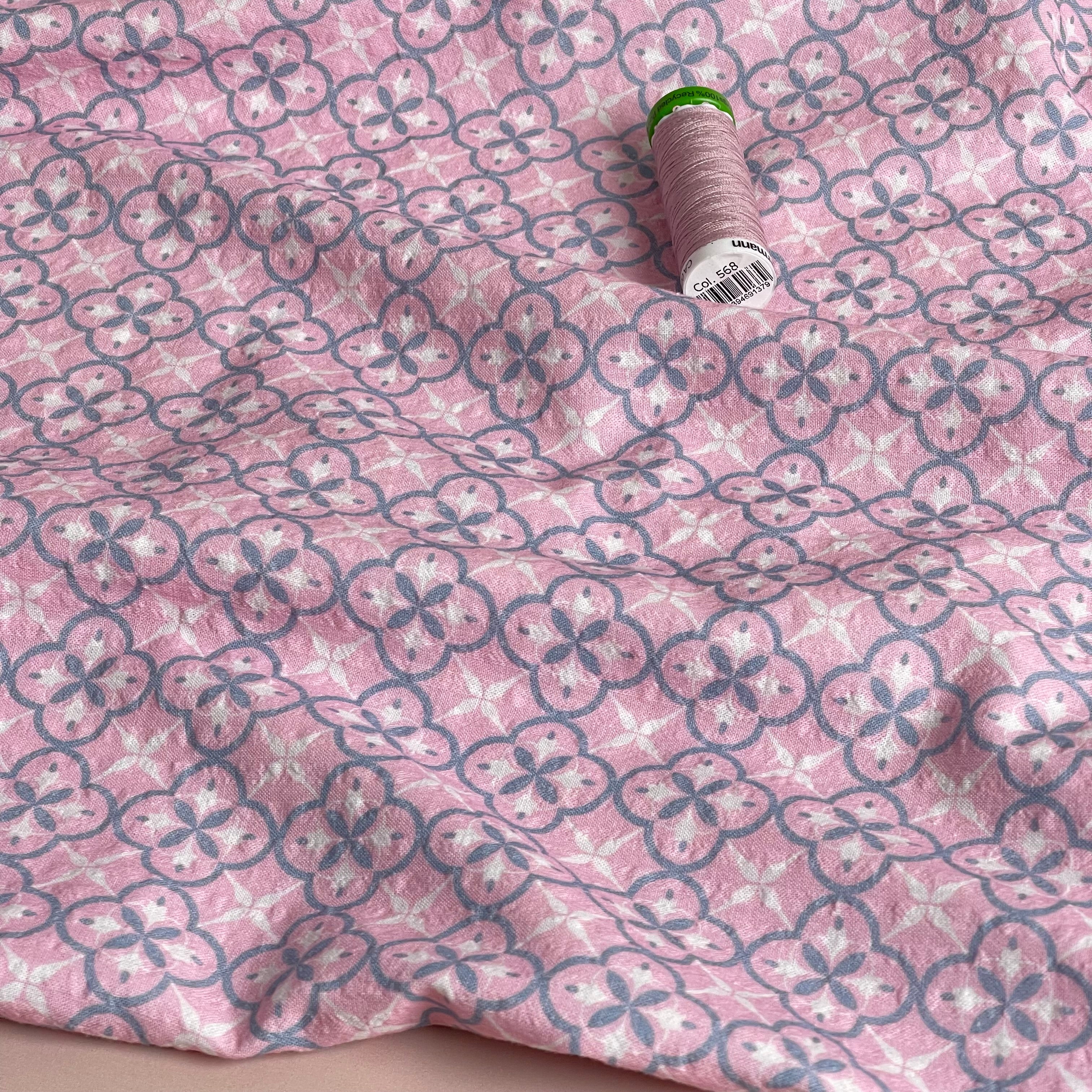 Tiles on Pink Bubble Stripes Cotton Seersucker Fabric