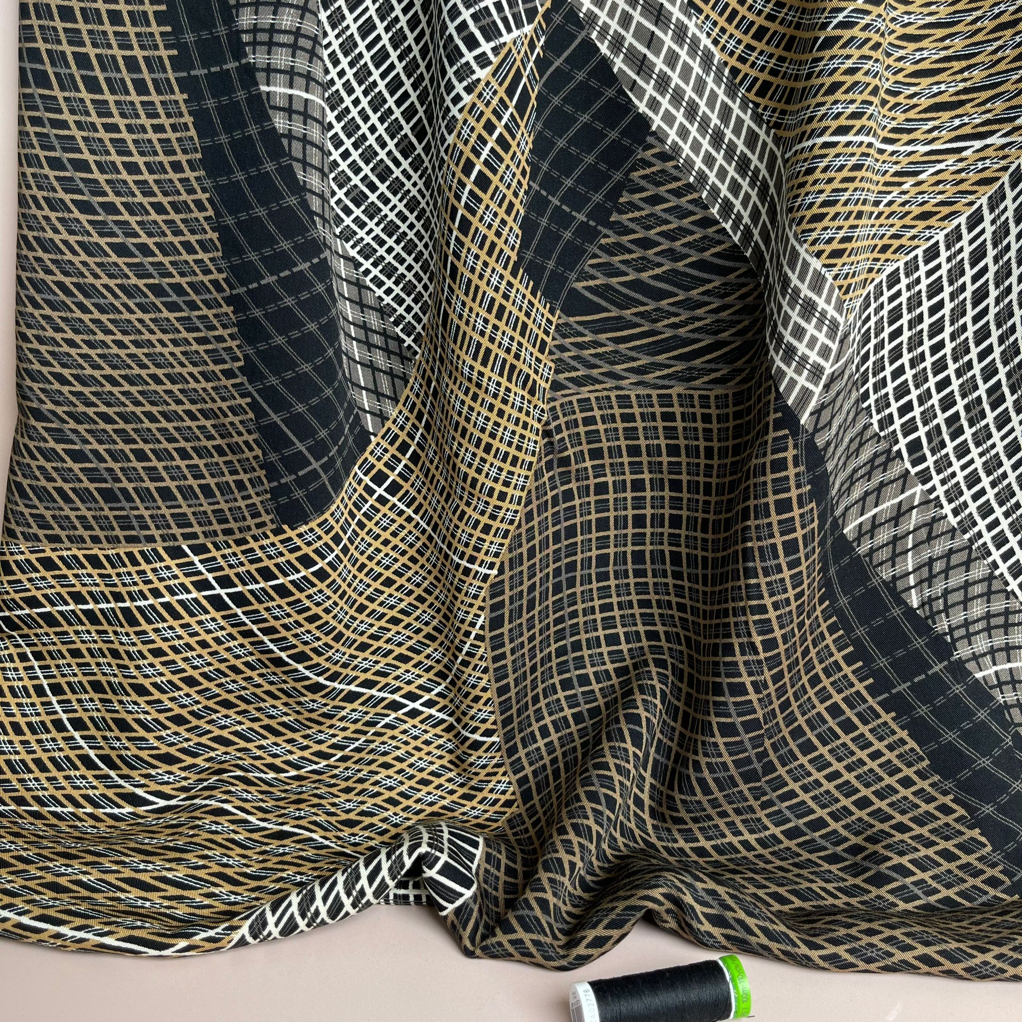 Golden Abstract Grids Viscose Twill Fabric