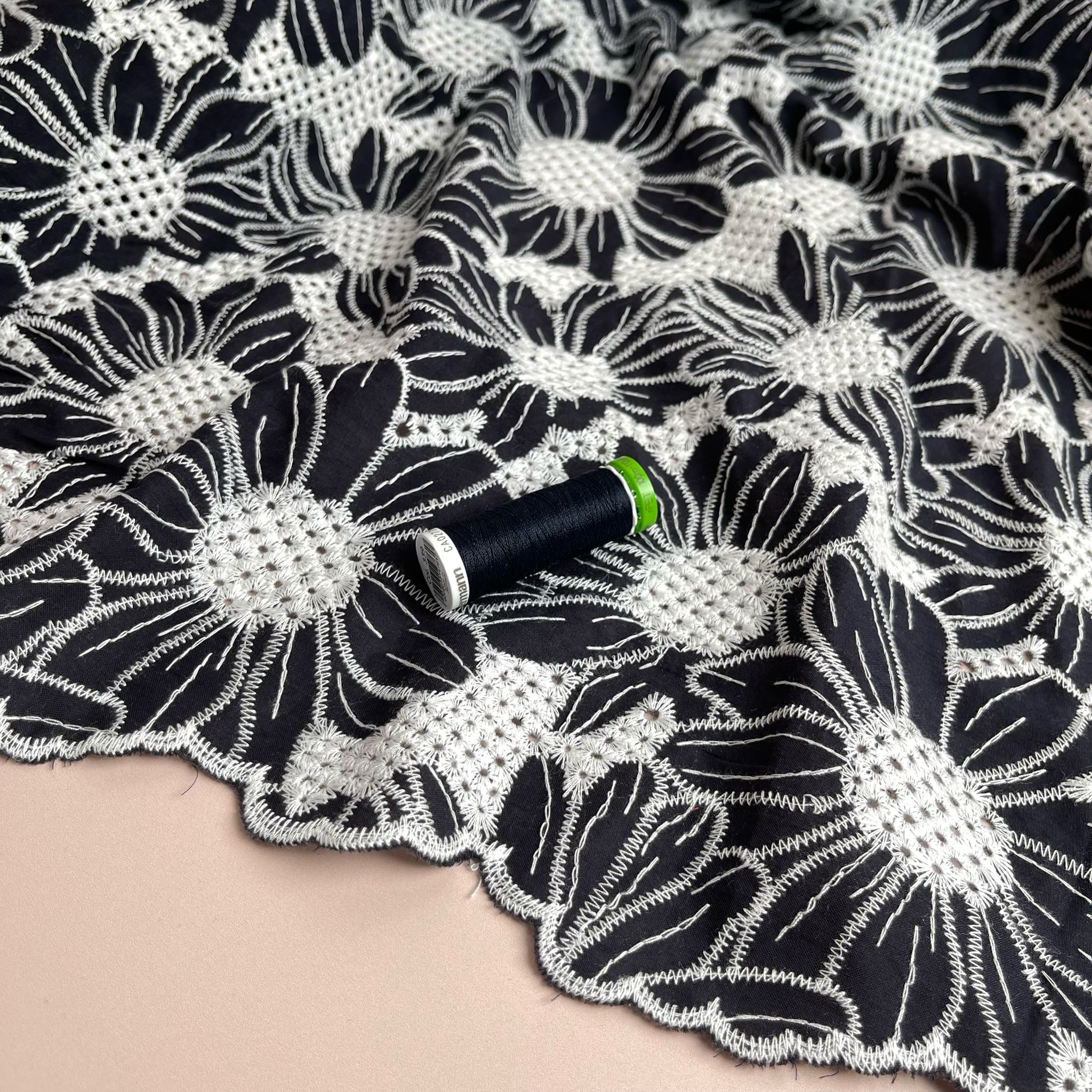 Scalloped Flowers Embroidered Cotton Fabric in Dark Navy