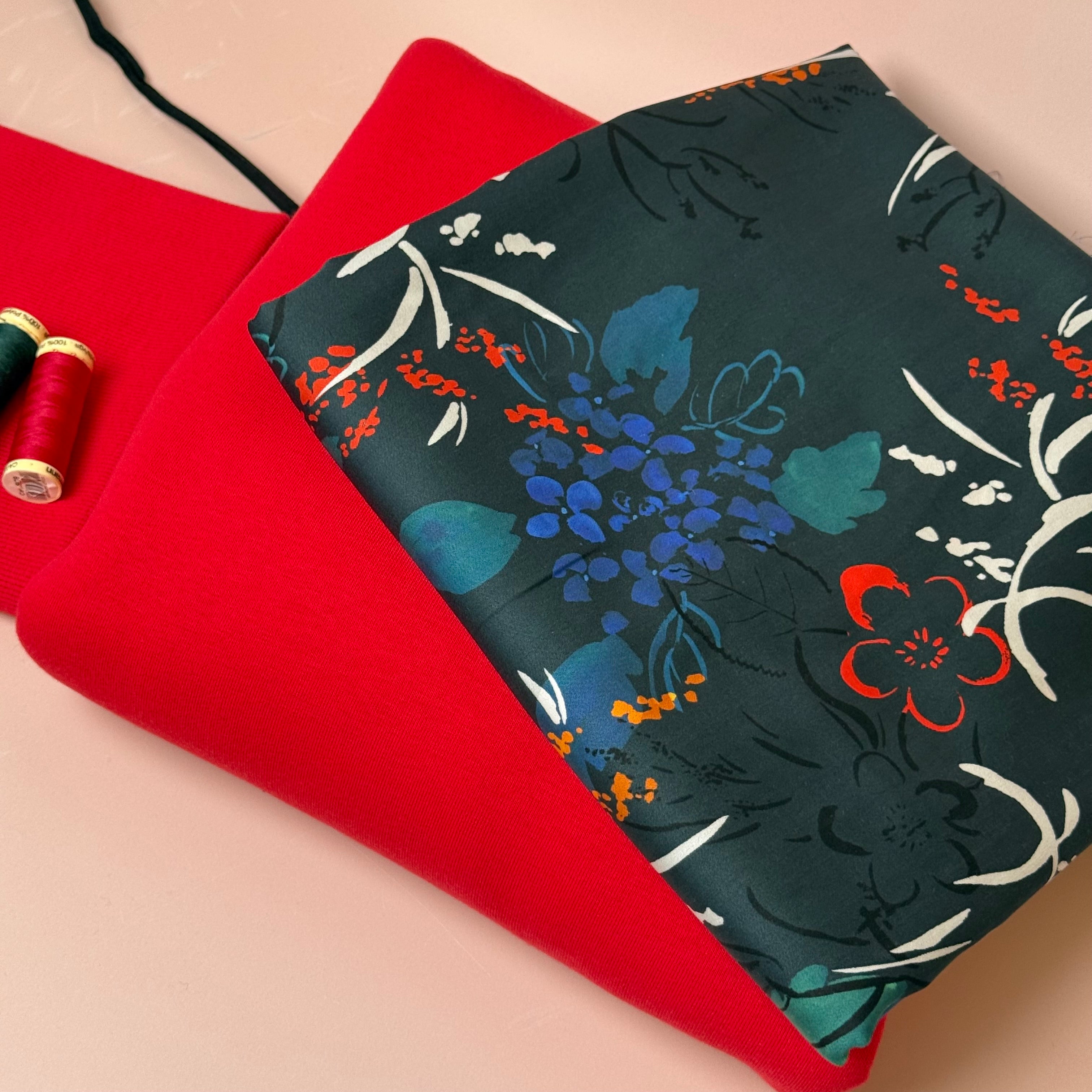 Make an Outfit Colour Bundle - Midnight Blooms Tencel Sateen & Sweatshirting in Red with Ribbing