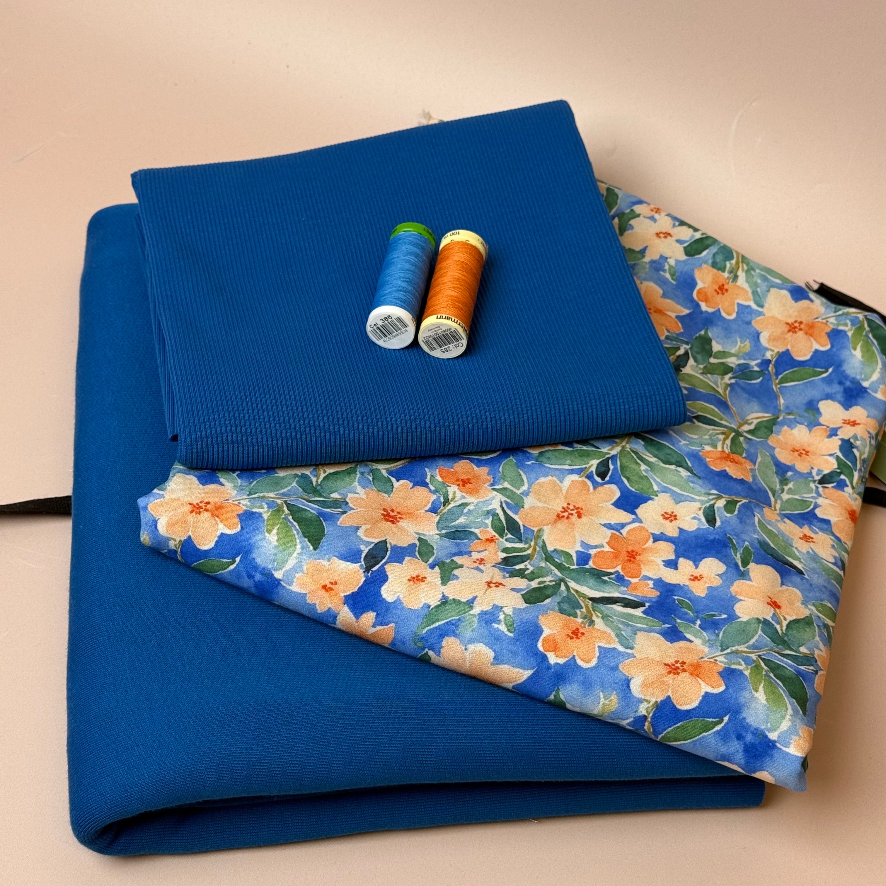 Make an Outfit Colour Bundle - Peach Flowers Viscose & Brushed Sweatshirt in Intense Blue with Ribbing
