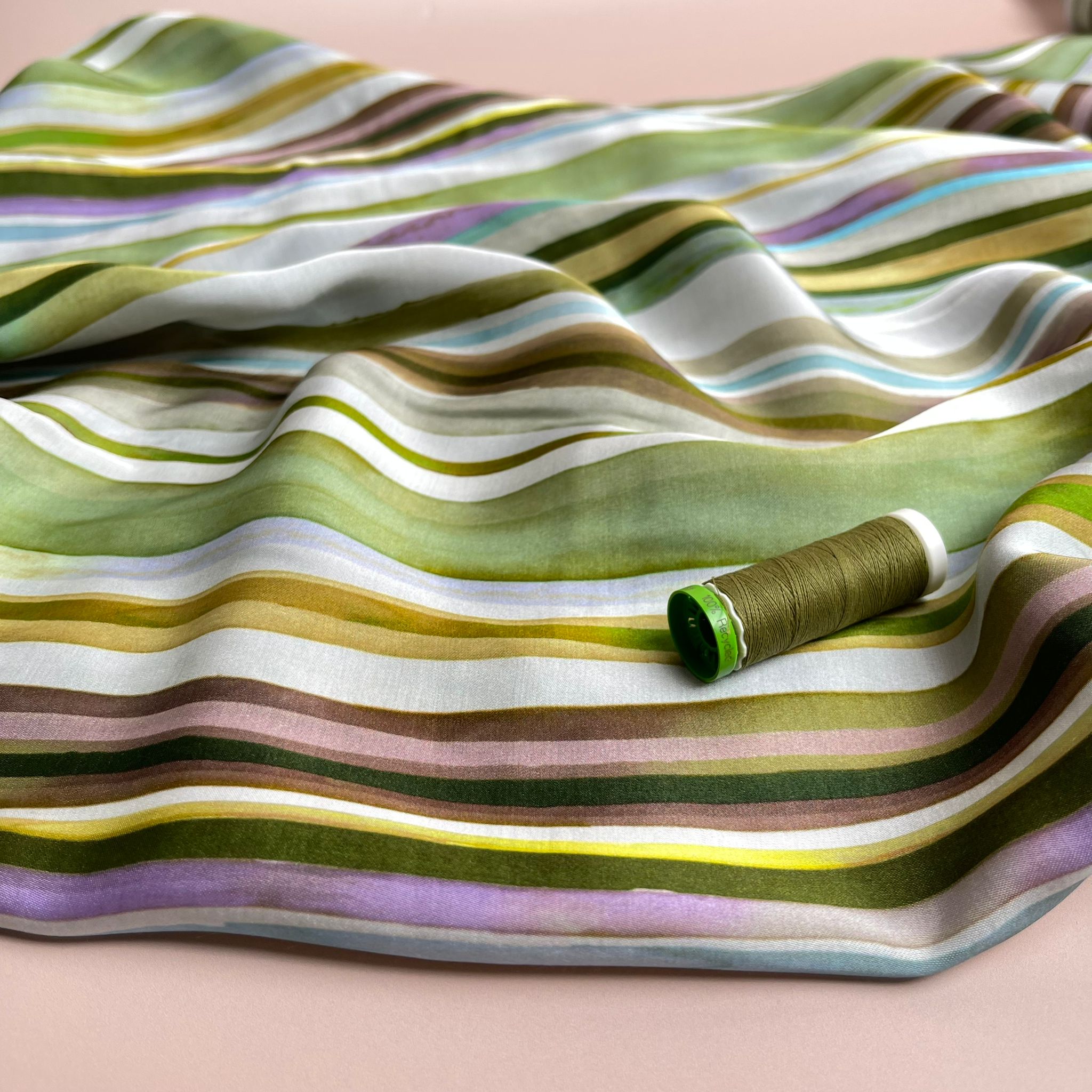 Summer Stripes Green Viscose Sateen Fabric