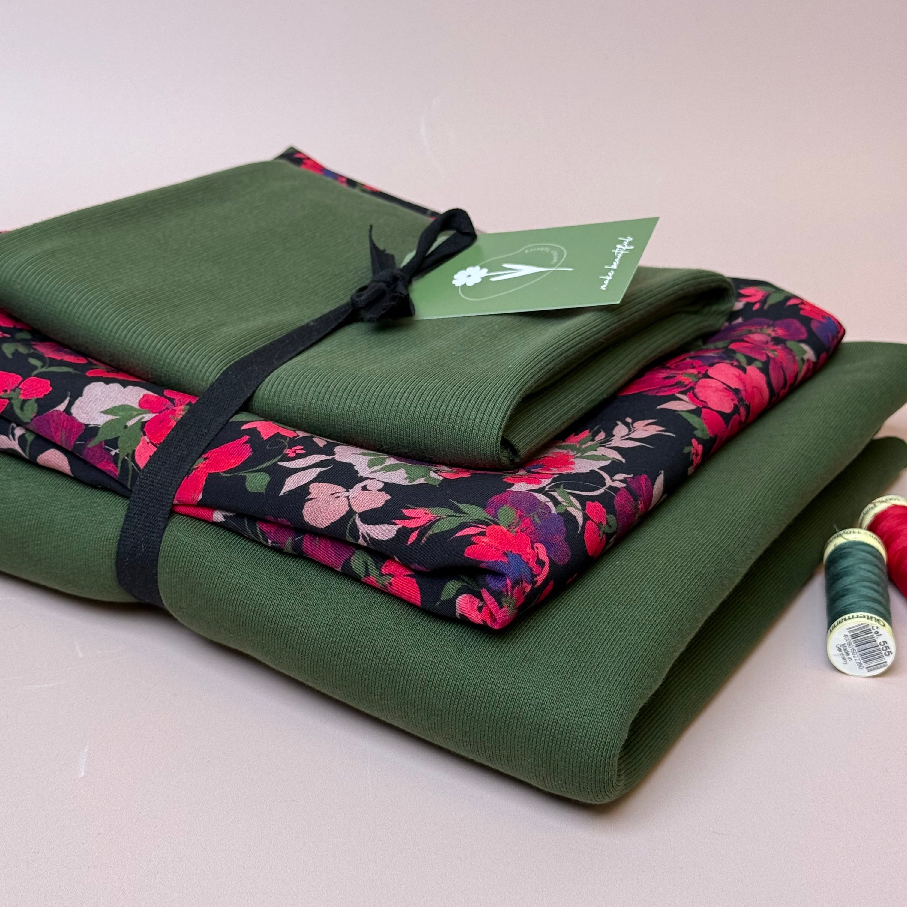 Make an Outfit Colour Bundle - Rosehip Viscose & Brushed Sweatshirt in Green Khaki with Ribbing