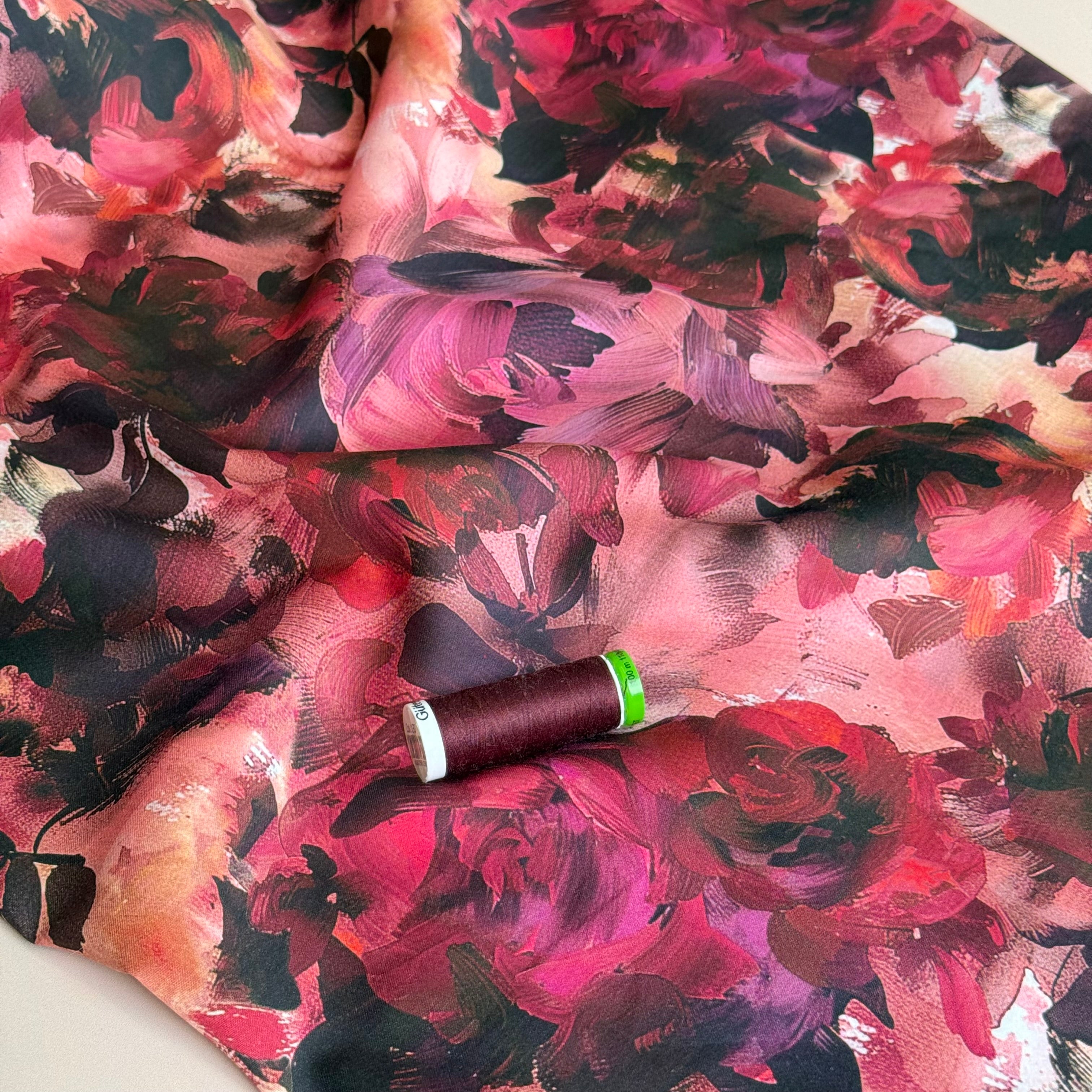 Painted Burgundy Flowers Cotton Sateen Fabric