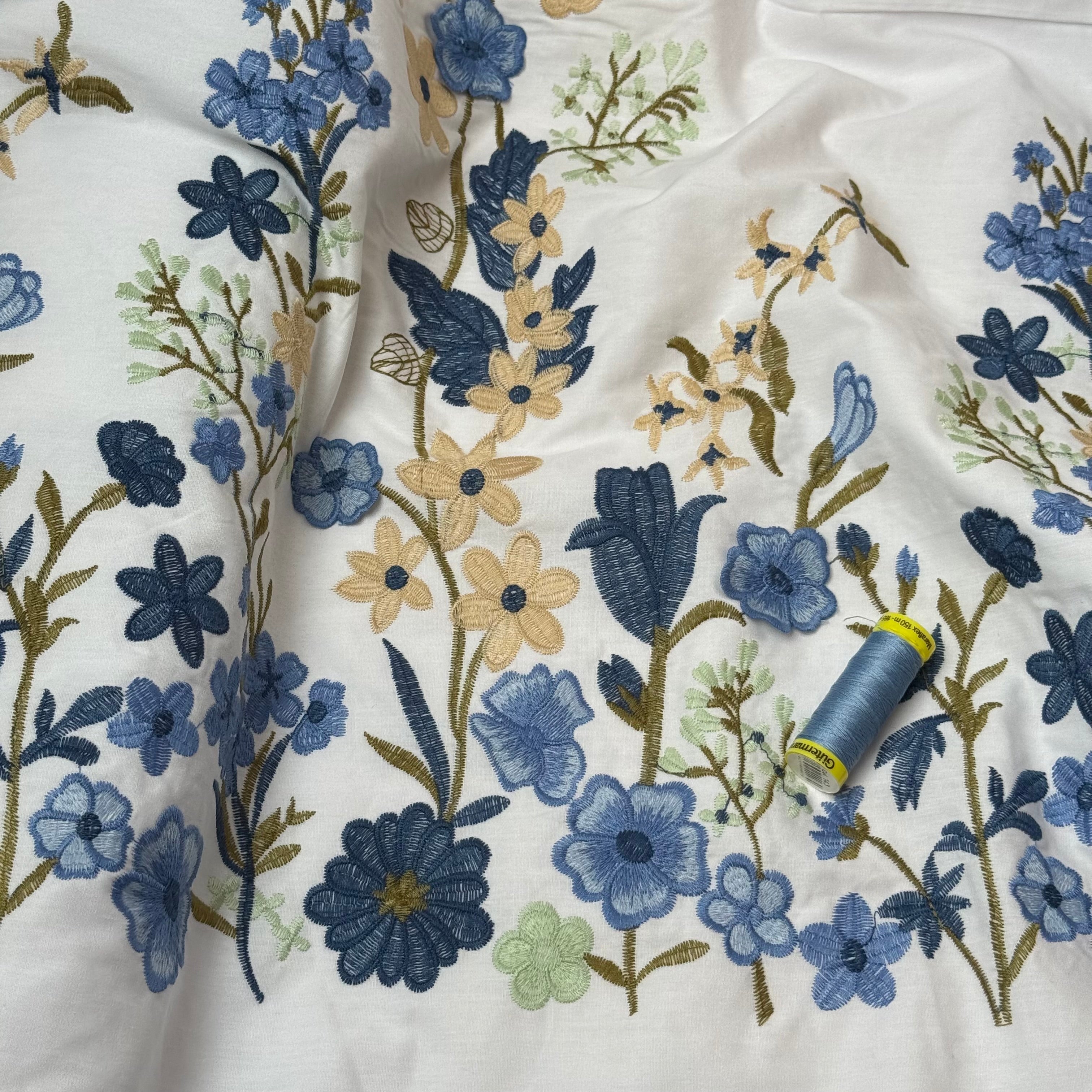 Blue Floral Border Embroidered Cotton Fabric
